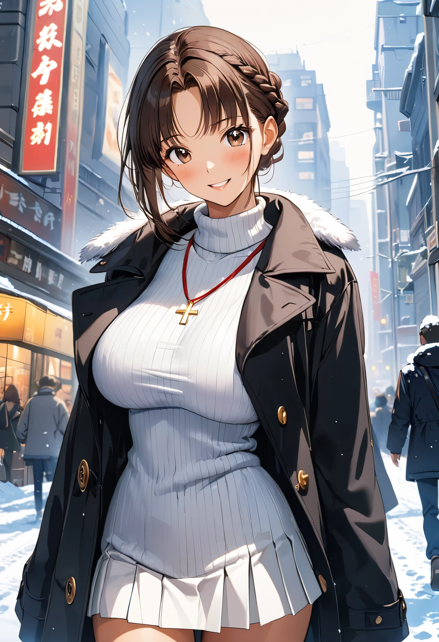 masterpiece, Best Quality, High resolution,16k,official art,super detailed skin,detailed,animated painting, Takarada Rikka ,1990s \(style\),(F cup big beautiful breasts)、clevage,25years old, (tall:1.2),height: 175cm,Sexy long legs,Fashion model body type,Medium Hair,forehead,Brown Hair,french braid,(coat,long-sleave knit,mini-skirt:1.3),white mini skirt,cross necklace,(tanned skin:1.3),Muscular、1girl,big laugh,Shy、Shyness,blush,Anime-style painting style,Close-up of the upper body,Cinematic lighting,superfine,magnificent view、in the city,morning,winter,snow,(sexy),closeup