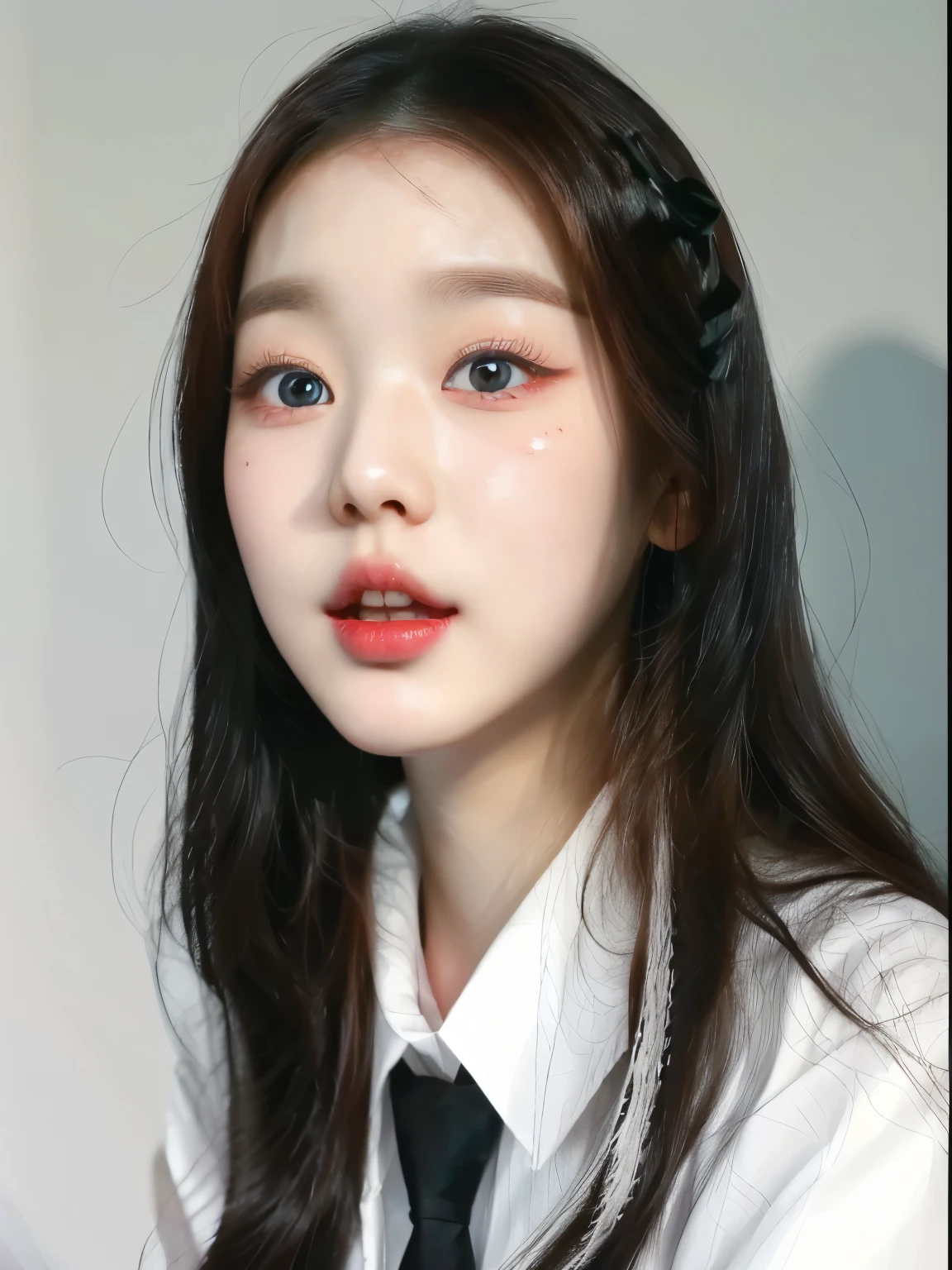 there is a woman with long hair wearing a white shirt and black tie, young adorable korean face, popular korean makeup, popular south korean makeup, wan adorable korean face, korean girl, korean face features, korean symmetrical face, beautiful aesthetic face, young cute wan asian face, gorgeous young korean woman, ulzzang, beautiful wonyoung woman