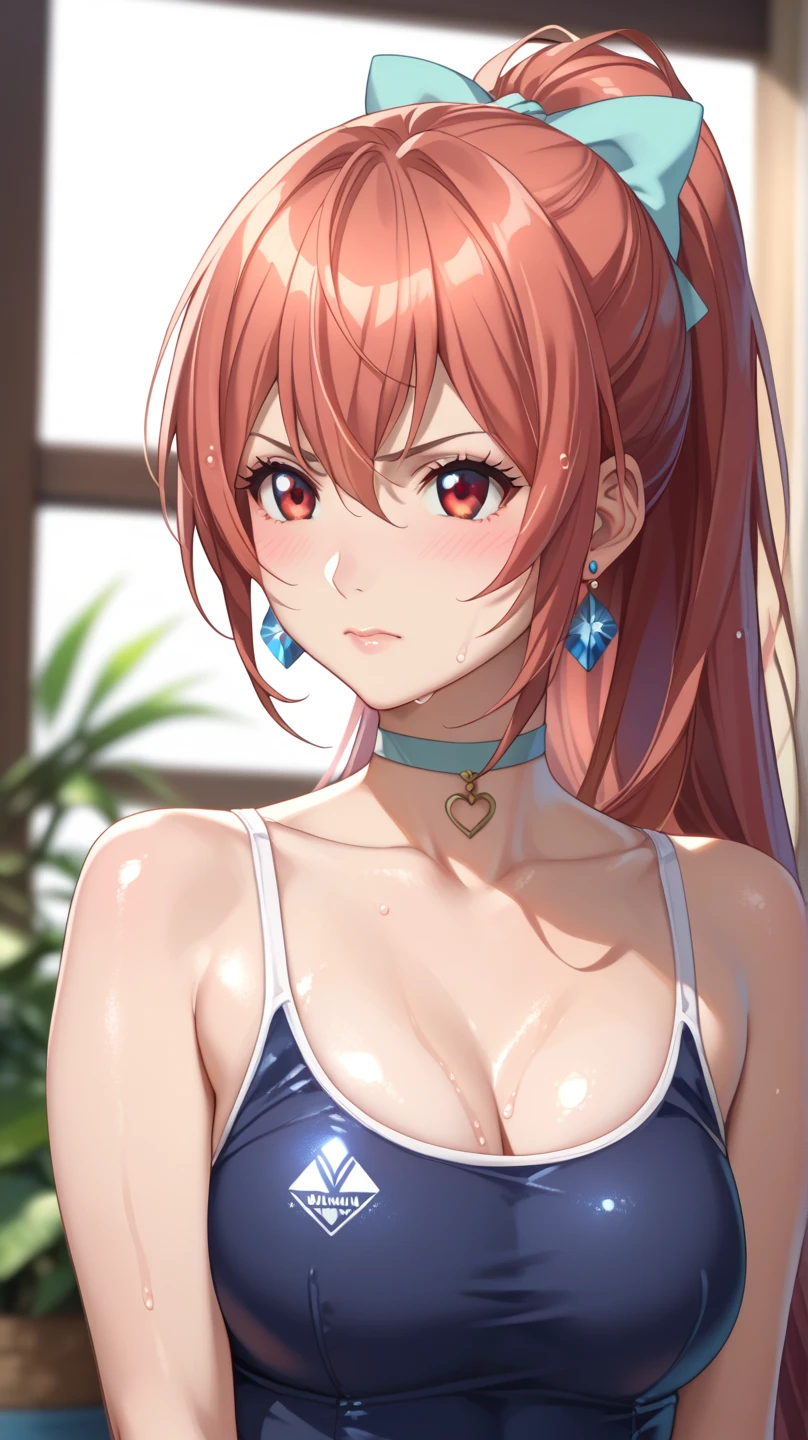 (Kusaribe Hakaze :1.35)、 1 woman 、 ponytail、Shiny Hair、 red eyes、Glamorous eyes、 textured skin、Old school swimsuit、Navy Blue、Wet、 high definition 、 highest image quality taken by Ki、 top quality、 detailed、 crystal earrings、 heart choker、Embarrassed、( Blur Background :1.2)、whole body、front