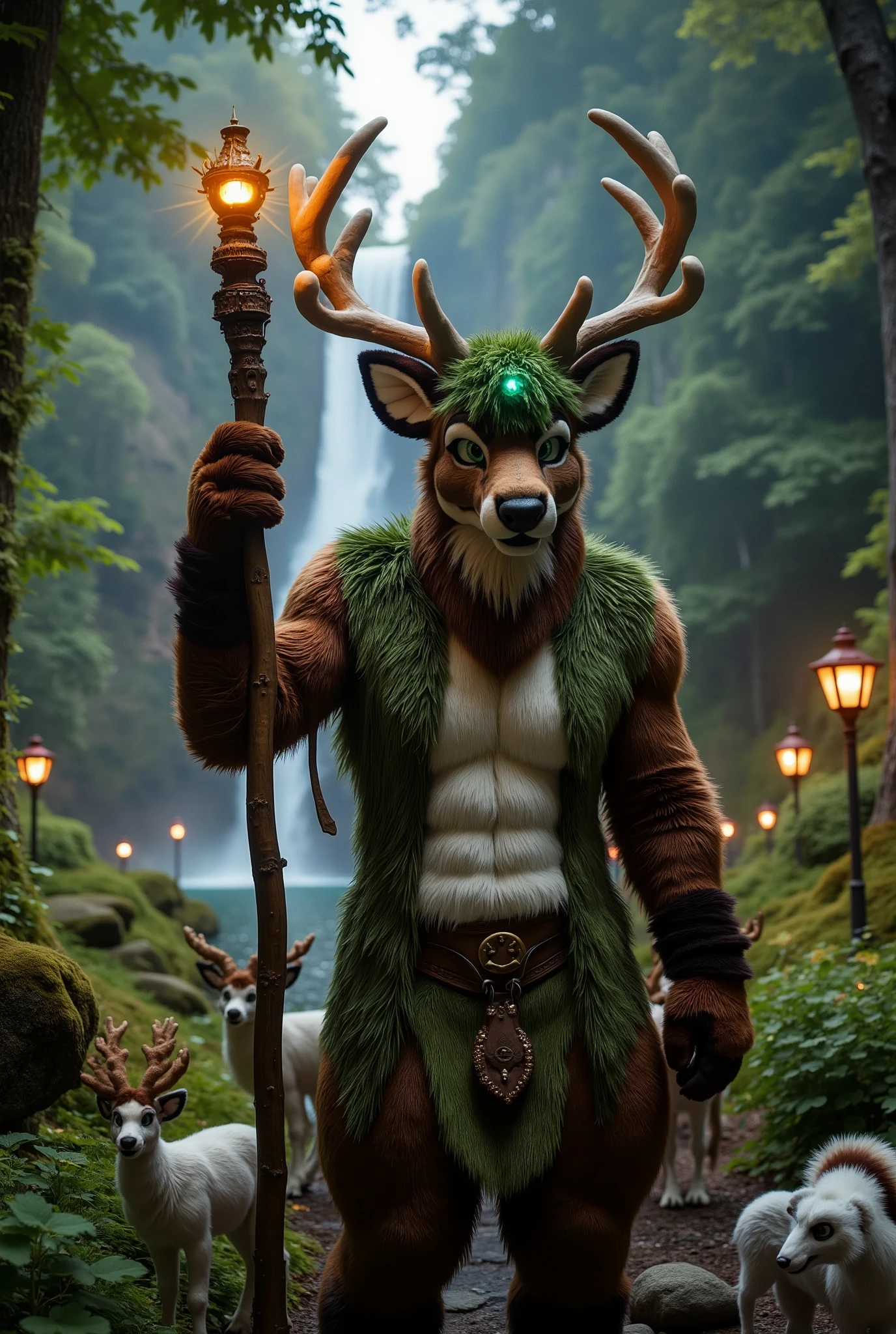 "Anthropomorphic male deer, adult, lean muscular build, with earthy brown fur and large antlers adorned with glowing green vines. He wears a cloak made of leaves and moss, and a staff carved from ancient wood rests in his hand, glowing faintly with magical runes. His eyes are a soft green, radiating calm and wisdom.

Background: A magical forest bathed in twilight, with bioluminescent plants lighting the path and a serene waterfall cascading in the distance. Animals of all kinds gather around him, as if seeking guidance and protection. The air sparkles with magical energy, creating a dreamlike atmosphere.

Style: Hyperrealistic 3D rendering with intricate fur and plant textures. The scene is tranquil, magical, and otherworldly, highlighting the druid’s connection to nature."