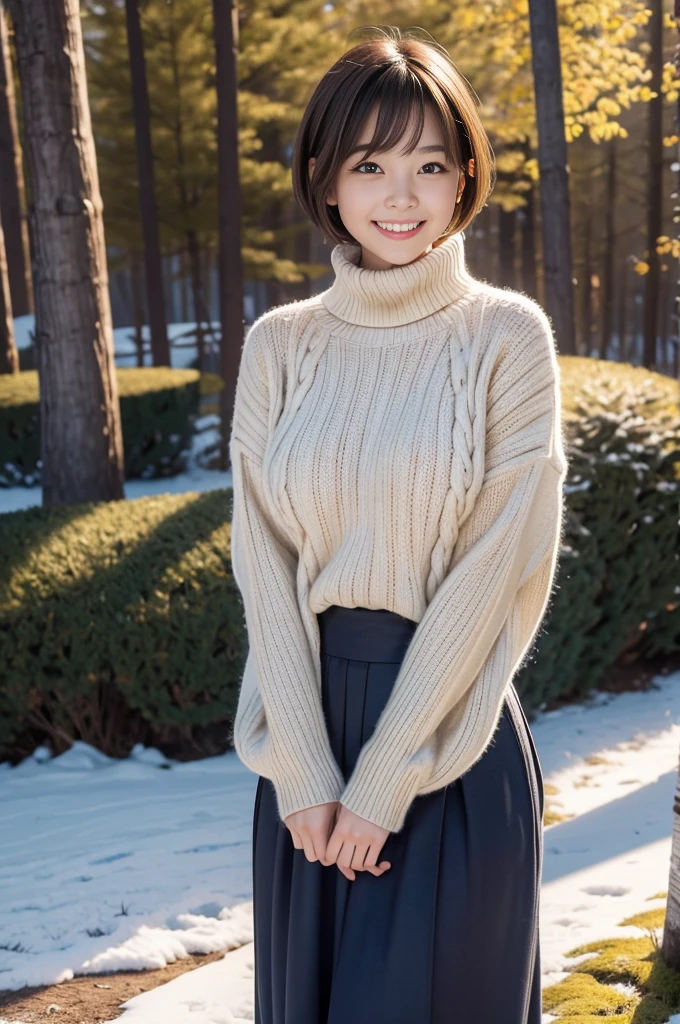 (8k, RAW photo, photorealistic, HQ, masterpiece), a cute Japanese girl,(glowing eyes), 
(laugh ), brown hair, fluffy Pixie Bob hair, large breasts, curvy, (A big baggy wool sweater layered over a simply long skirt), 
standing pose, Seductive pose, (winter nature park), 
blurred background, depth of field, natural lighting, backlighting, face lightning, 