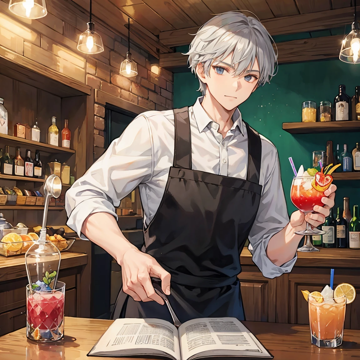 The grey-haired wizard man works as a master at a bar in the city and is chatting with regular customers