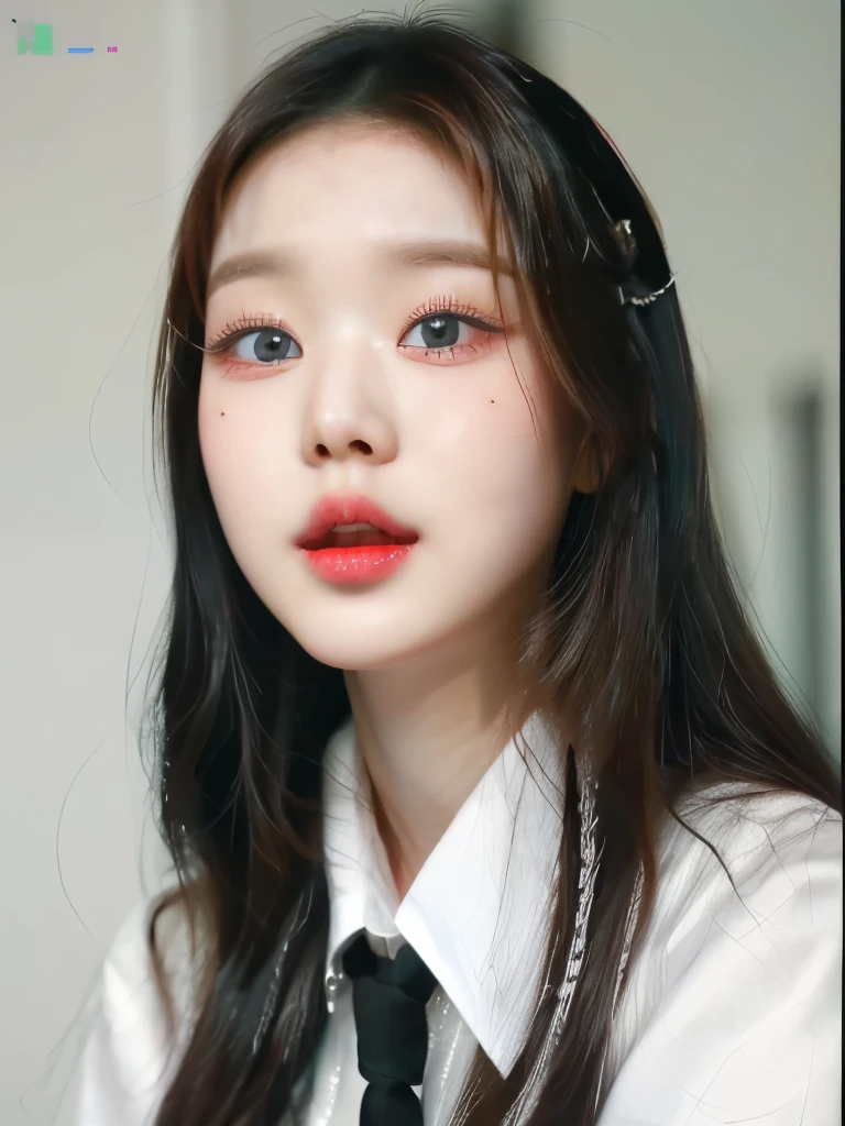 there is a woman with long hair wearing a white shirt and black tie, young adorable korean face, popular korean makeup, popular south korean makeup, wan adorable korean face, korean girl, korean face features, korean symmetrical face, beautiful aesthetic face, young cute wan asian face, gorgeous young korean woman, ulzzang, beautiful wonyoung woman