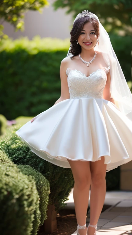 full body shot, from below,  japanese mature, 60 years old,  detailed face , smile, Facial wrinkles, Wrinkles around the eyes,  Detailed Skin Textures ,  white skin,  long hair, curvy body, saggy breasts,  plump thighs, (earrings,  necklace, ballerina, wedding dress, tiara, wedding veil, mini skirt:1.2), ( is wearing high heels:1.2), (Standing in the garden,  photograph the whole body from toe to head,:1.2), (surrealism, best quality, ultra detailed, absolutely resolution, 8k, anatomically correct), depth of field, looking at viewer, full body,  detailed face , (very short mini skirt wedding dress, Flared skirt)
