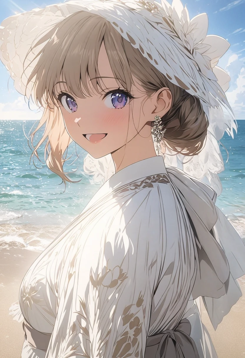 (masterpiece, detailed:1.2), , anime, one girl, at the seaside, uses a parasol, smiling, satisfied, sophisticated design, advanced lighting technology, live-action photo 8K quality