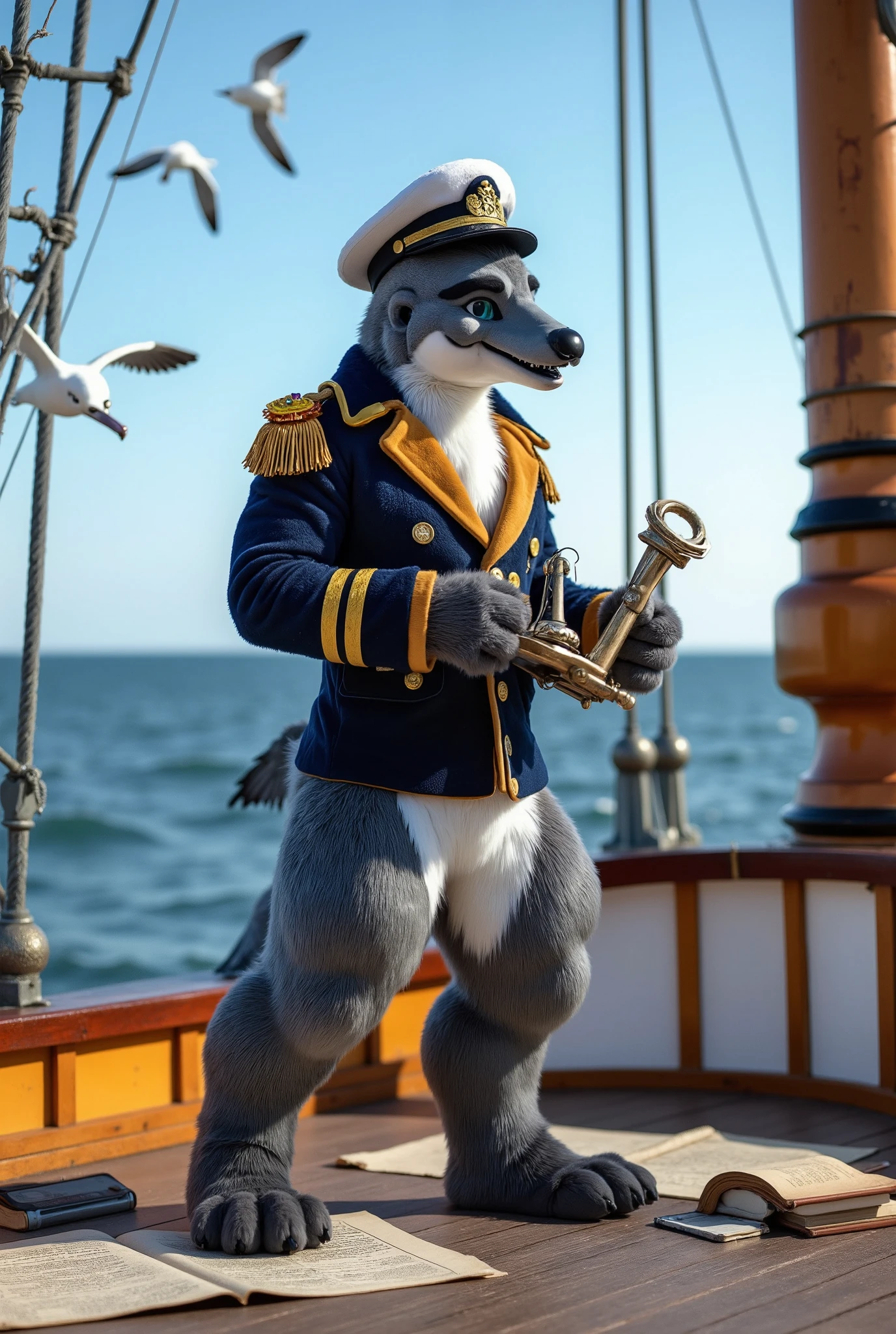 "Anthropomorphic male dolphin, adult, athletic and sleek, with shimmering grey-blue skin. He wears an elaborate navy uniform adorned with gold trim, medals, and a captain’s hat. His intelligent blue eyes glisten with curiosity, and he holds a sextant in one hand, charting a course across the open sea.

Background: The deck of an advanced sailing ship on calm waters, with the horizon stretching endlessly under a bright blue sky. Seagulls soar overhead, and maps and books lie scattered around him, hinting at his dual role as an explorer and scholar.

Style: Hyperrealistic 3D rendering with intricate details on the dolphin’s skin and naval attire, combined with a crisp, bright maritime setting."