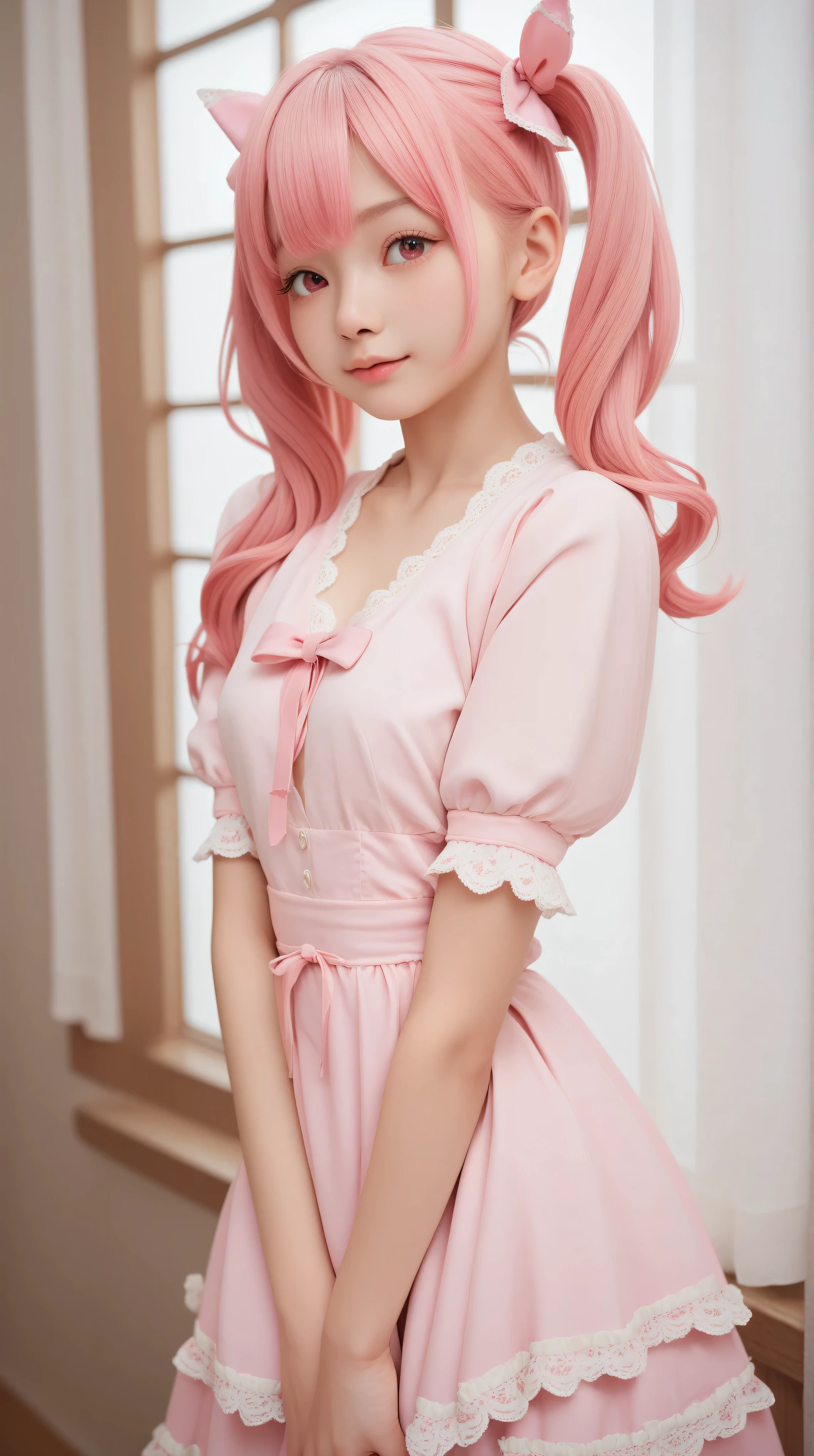 big expressive eyes, cute face with soft skin, pink hair, tied into two neat ponytails, and always wears some kind of cute dress with lace and bows.