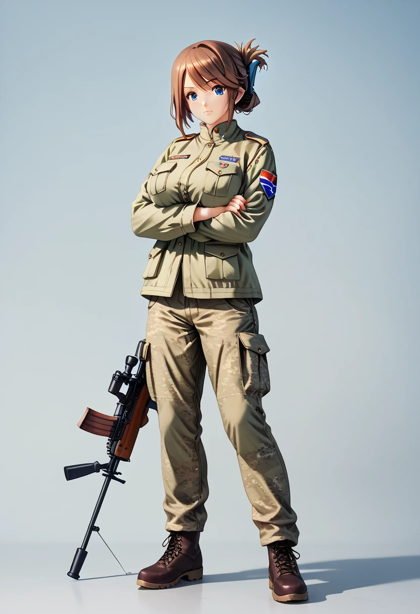 masterpiece, 1girl, solo, toheart_manaka, detailed illustration,Manaka Komaki, Stand back to back, full body, military camouflag  jacket, Military Cargo pants, lace up boots, Clenched fist, High guarding, squeezed arms, assault rifle, income, large breasts, brown hair, bangs, folded ponytail, hair ornament, short hair, swept bangs, blue eyes