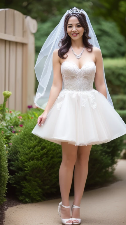 full body shot, from below,  japanese mature, 60 years old,  detailed face , smile, Facial wrinkles, Wrinkles around the eyes,  Detailed Skin Textures ,  white skin,  heavy makeup ,  long hair, curvy body, saggy breasts,  plump thighs, (earrings,  necklace, ballerina, wedding dress, tiara, wedding veil, mini skirt:1.2), ( is wearing high heels:1.2), (Standing in the garden,  photograph the whole body from toe to head,:1.2), (surrealism, best quality, ultra detailed, absolutely resolution, 8k, anatomically correct), depth of field, looking at viewer, full body,  detailed face , (very short mini skirt wedding dress, Flared skirt) 