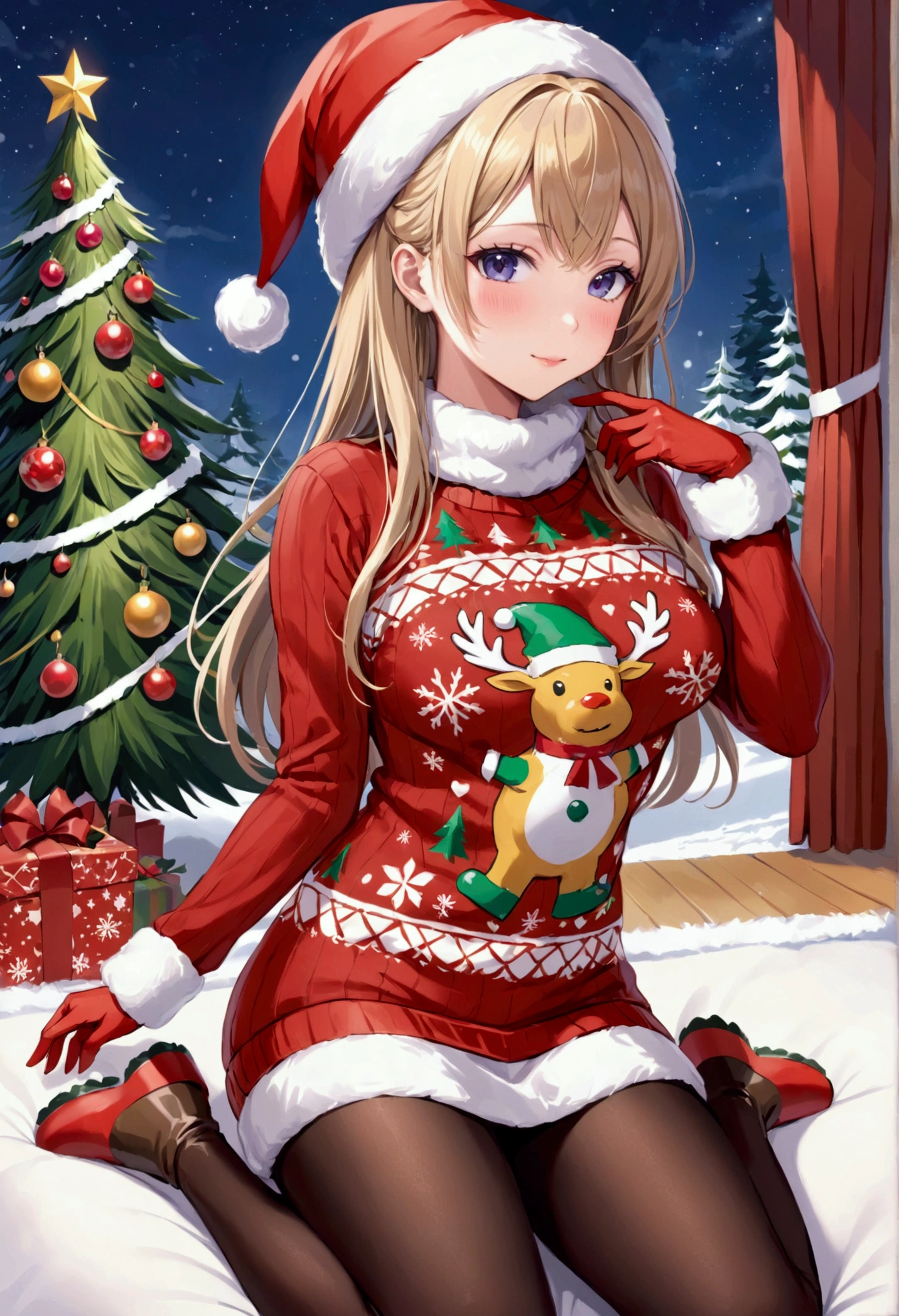 highres, masterpiece, perfect ligthing, bloom, cinematic lighting, adult, mature, perfect skin, 1girl, by the christmas tree, gifts around, shirt lift, pants pulled down, big breasts, pussy, nude, heavy makeup, blush, seductive, horny