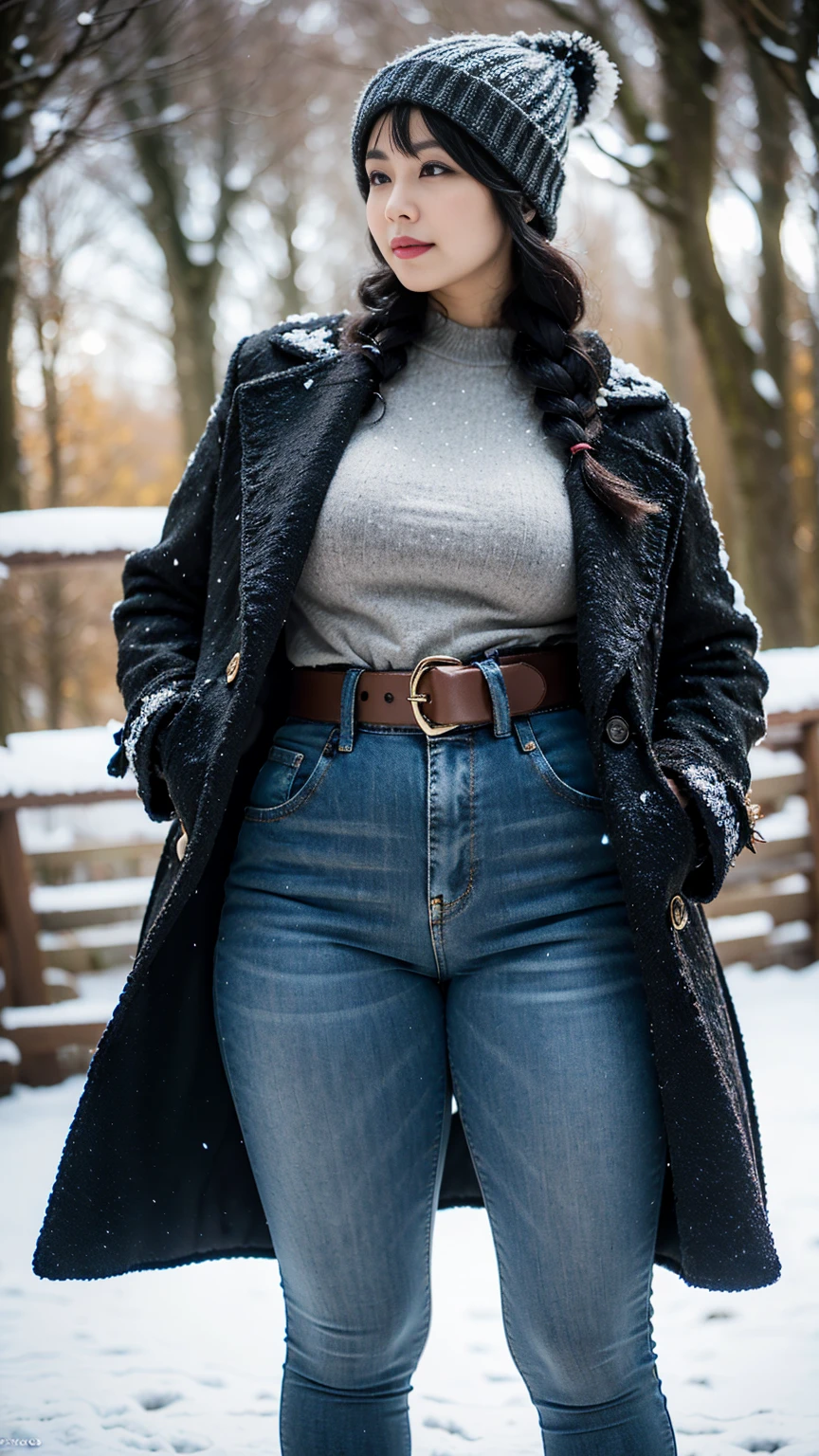 Beautiful sensual woman with a curvy body, long hair, bangs, french braid, widest waist, fitting breasts, curvy accentuated booty, sparkling eyes, long eyelashes, thick thighs, Strong calves, smirk, taniaayusiregar, She wears a short Coat, Shirt, trousers, belt, beanie, she is in a Park, evening in Winter, snowy, photorealistic, Masterpiece, bokeh, Volumetric lighting, winter season atmosphere, close up shot from the side