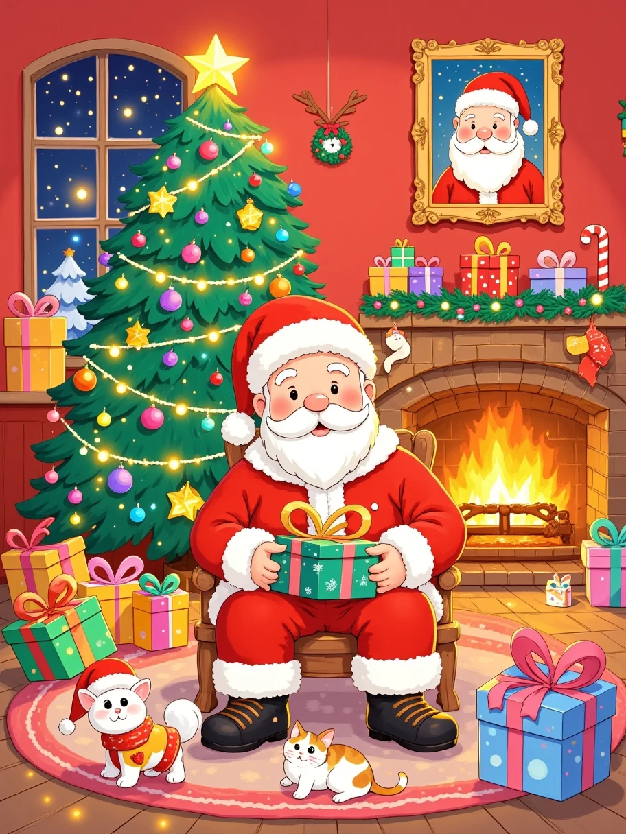 In the illustration, a cute Santa Claus sits in front of the Christmas tree, holding a gift box with a red gradient background as the main color and green and white as background auxiliary colors. This painting features bright color tones, knife work, cartoon retro poster design, detailed character expressions, and detailed costumes