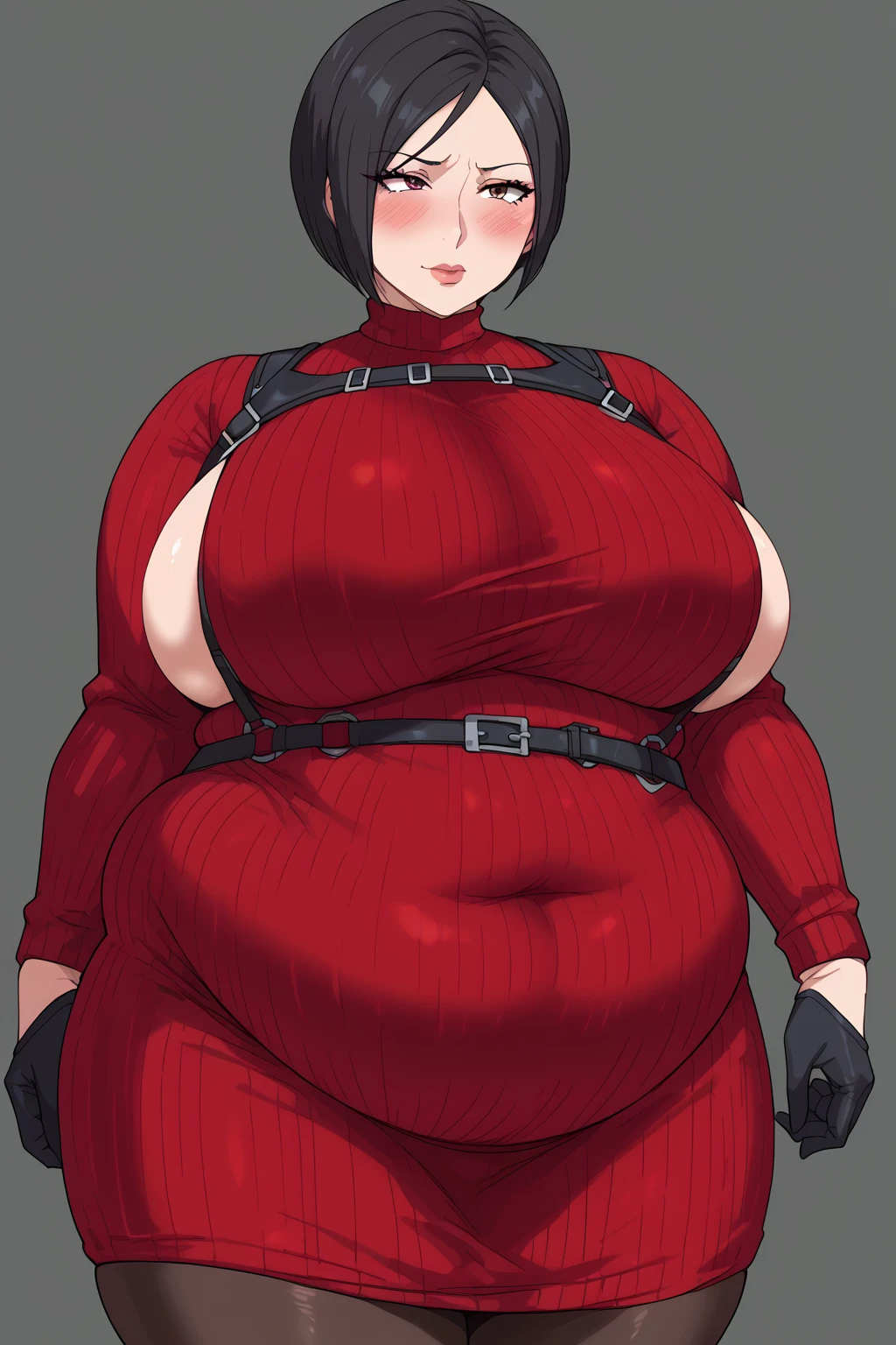 ada wong,Black Hair,  short hair,  dark eyes,  red sweater ,  turtleneck , Harness,  pantyhose,  Black Gloves , belt,  score_9,   score_8_up,   score_7_up,   score_6_up,   score_5_up,   score_4_up,     Masterpiece  ,   top quality,   Very Aesthetic,   absurd,   source_Anime, Anime screencap,   one woman , Alone,  personal  ,  Super huge breasts, ((( super huge clevis, Super huge , Super huge boob))), Curvy,  chubby , Mature Woman,  obese body type, blush,  troubled expression,  belly fat sticking out of clothes,　 sloppy stomach , puzzled expressions,