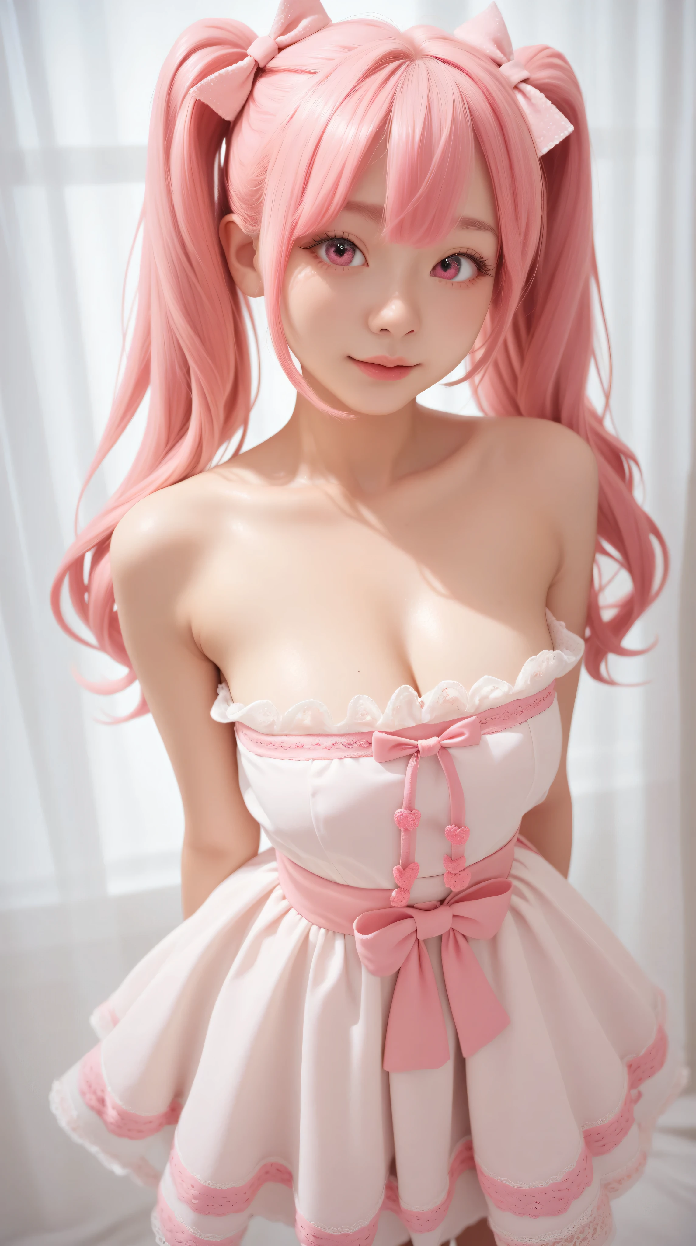 big expressive eyes, cute face with soft skin, pink hair, tied into two neat ponytails, and always wears some kind of cute dress with lace and bows.