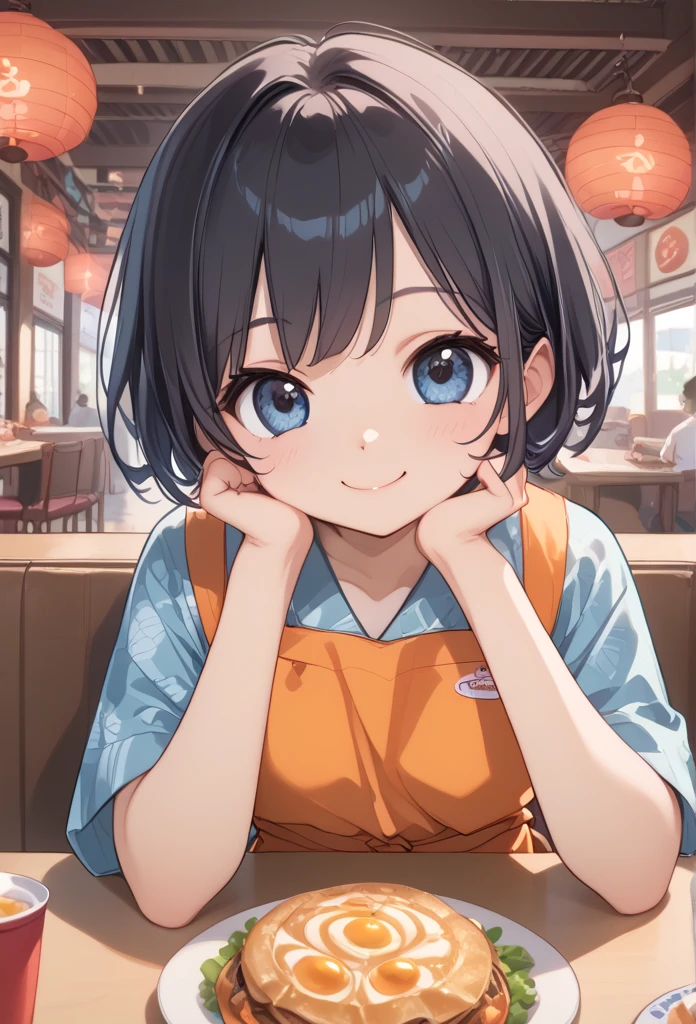 Lori Okan、 、 Japanese style orange apron、Light blue patterned kimono 、Black Hair、 short hair、 cute faces 、 big eyes、pov across table, pov dating, restaurant, table, meal, care, cup, head rest, smile, elbow on table, food, elbow rest