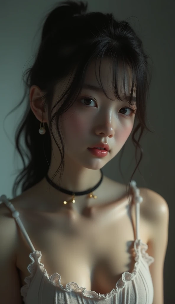 beautiful eyes and face、An ultra-high picture quality、8k、Smart Body、High Style、About 24 years old、Detailed eyes、Detailed skin、Crystal clear white skin、off shoulders、((Black dress))、middlebreasts、simple background、((skin whitening))、a necklace、Beautiful collarbone、