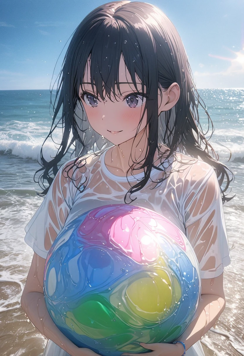 (masterpiece, detailed:1.2), , anime, one girl, at the seaside, playing with a big colorful waterball, soaking wet, wet clothes, wet hair, shiny skin, satisfied, sophisticated design, advanced lighting technology, live-action photo 8K quality