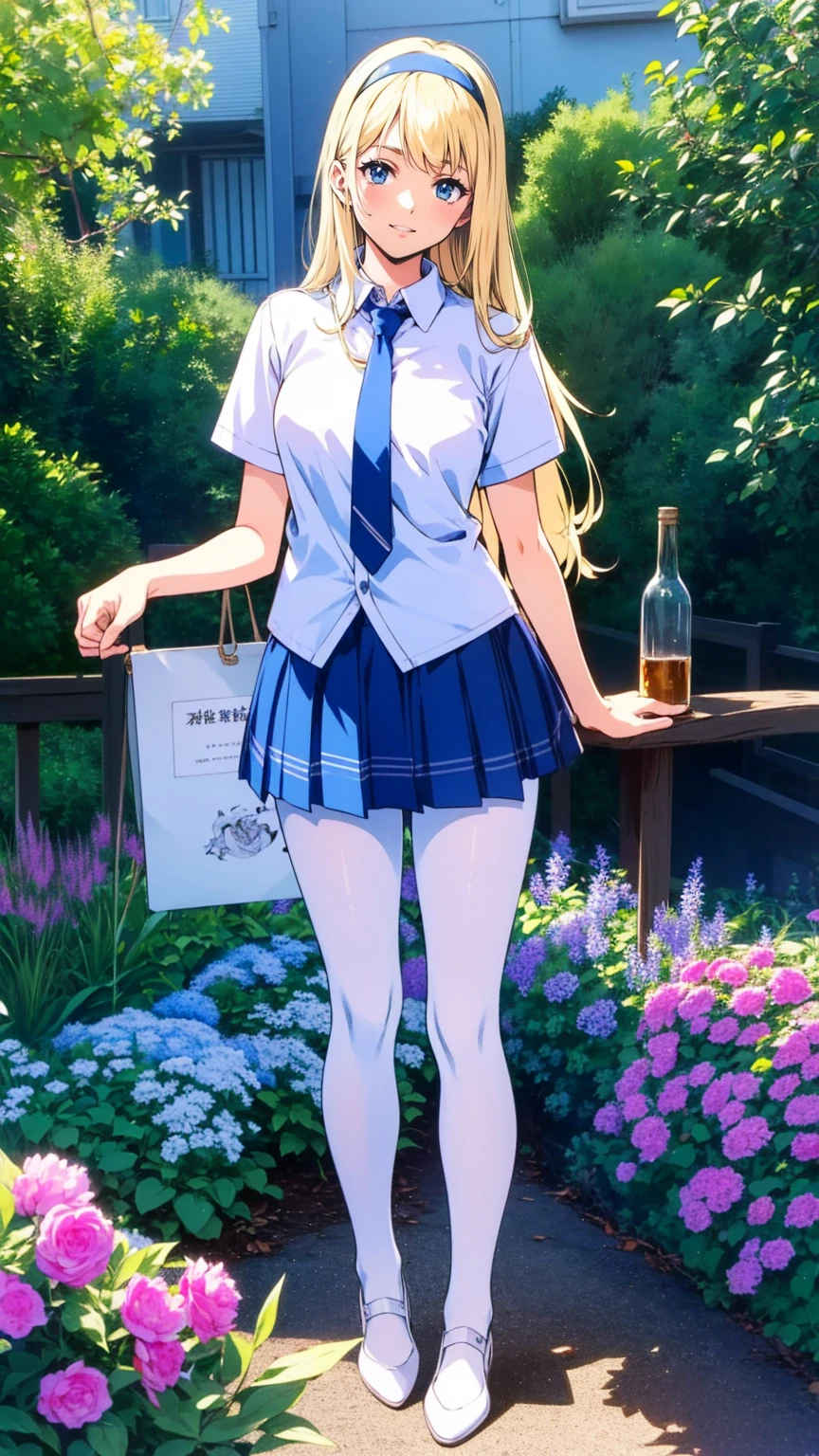 (( top quality)), ((masterpiece)), (   Details), (  Hip Comfort Raised Shorts   、  bust ,whole body),   anime 2D rendering  ,   realistic young anime woman,   five fingers ,   perfect face,   beautiful details,   beautiful body,   Beautiful breasts  ,     beautiful thighs, ( small breasts)、  beautiful legs, (  Beautiful White Skin  ), baby face、   girl、一人  girl,  blonde alone 、(  long hair、  white headband), ((   short sleeve shirt with collar   ,   white shirt,   blue plaid pleated skirt to cover white panties,   blue tie))、(  Black Pantyhose w/ Small Bottle、),   Evil Smiles 、((green))、garden、 She points her face and body towards the viewer ，  Beautiful Faces and Charming Smiles，   standing with different breasts   、
