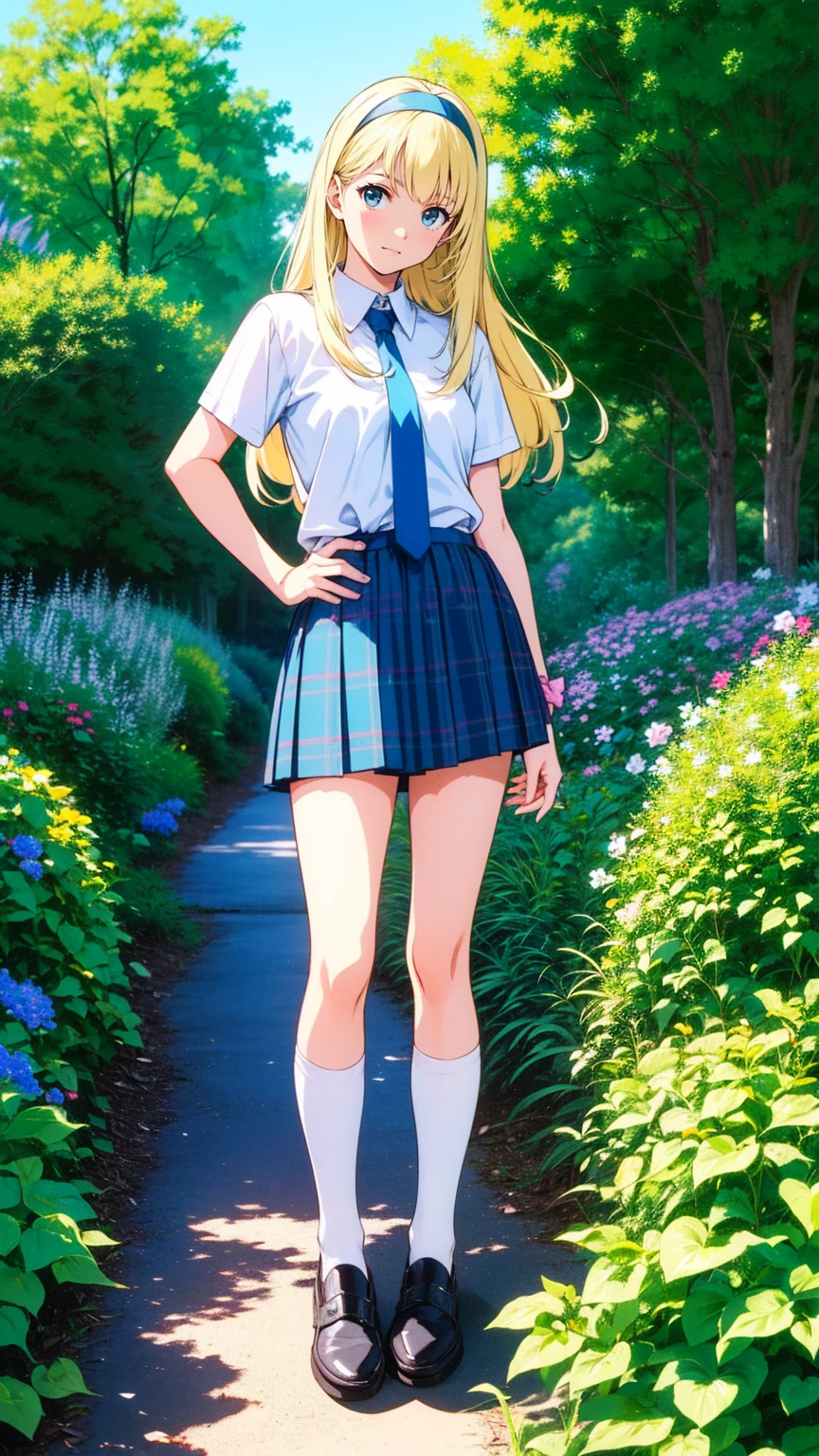 (( top quality)), ((masterpiece)), (   Details), (  Hip Comfort Raised Shorts   、  bust ,whole body),   anime 2D rendering  ,   realistic young anime woman,   five fingers ,   perfect face,   beautiful details,   beautiful body,   Beautiful breasts  ,     beautiful thighs, ( small breasts)、  beautiful legs, (  Beautiful White Skin  ), baby face、   girl、一人  girl,  blonde alone 、(  long hair、  white headband), ((   short sleeve shirt with collar   ,   white shirt,   blue plaid pleated skirt to cover white panties,   blue tie))、(  Black Pantyhose w/ Small Bottle、),   Evil Smiles 、((green))、garden、 She points her face and body towards the viewer ，  Beautiful Faces and Charming Smiles，   standing with different breasts   、
