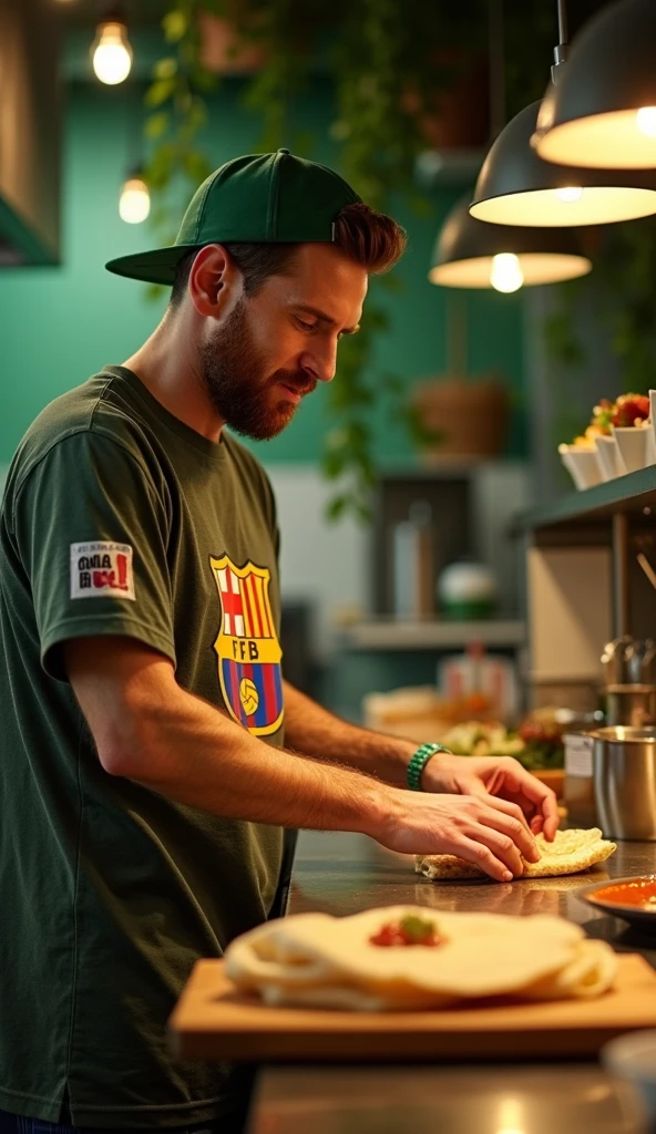 Lionel Messi, dressed in a classic Barcelona FC T-shirt and a casual green cap, is hard at work in a cozy, green-ambience café. The soft glow of the café’s verdant surroundings reflects off the countertops, creating a calming, vibrant atmosphere. With a focused look on his face, Messi is expertly crafting a crispy wrap roll, carefully rolling it with precision. As he finishes, he dips the wrap into a rich, flavorful sauce, ensuring every bite is packed with taste. The kitchen hums with activity, but Messi remains calm and efficient, a true master at work – not just on the field, but in the kitchen too.