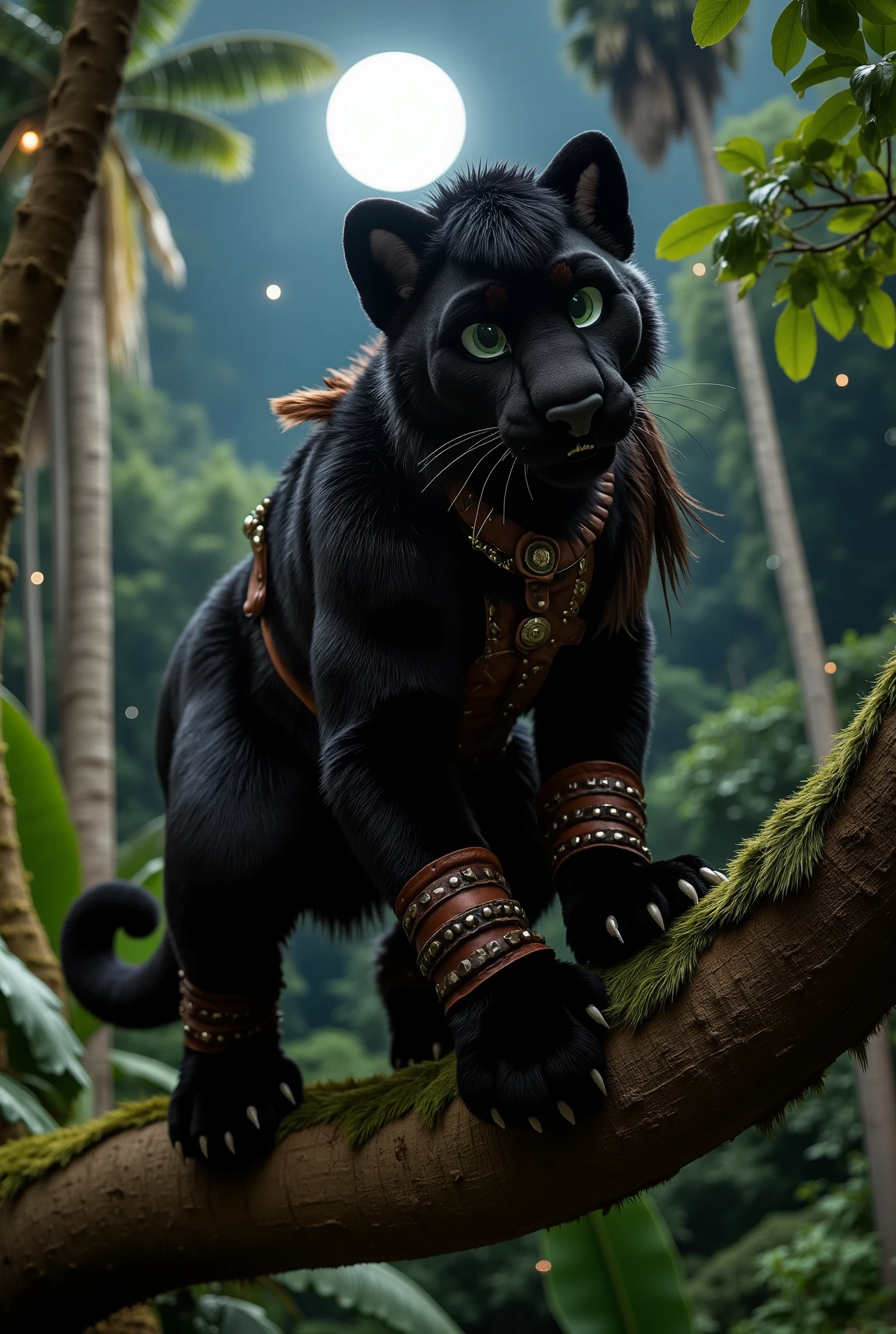 "Anthropomorphic male black panther, adult, lean and athletic, with sleek black fur that reflects the moonlight. He wears stealthy leather armor, adorned with tribal patterns and dark feathers, blending seamlessly into the jungle shadows. His emerald green eyes glint with cunning and intensity.

Background: A dense tropical rainforest at night, with shafts of moonlight piercing through the canopy. Fireflies glow faintly, and the distant sounds of nocturnal creatures echo through the jungle. The panther crouches on a mossy branch, ready to strike, with vines and leaves adding depth to the scene.

Style: Hyperrealistic with dramatic lighting and rich, detailed textures on the fur, armor, and jungle setting. The scene feels alive and mysterious, emphasizing the panther's stealth and agility."