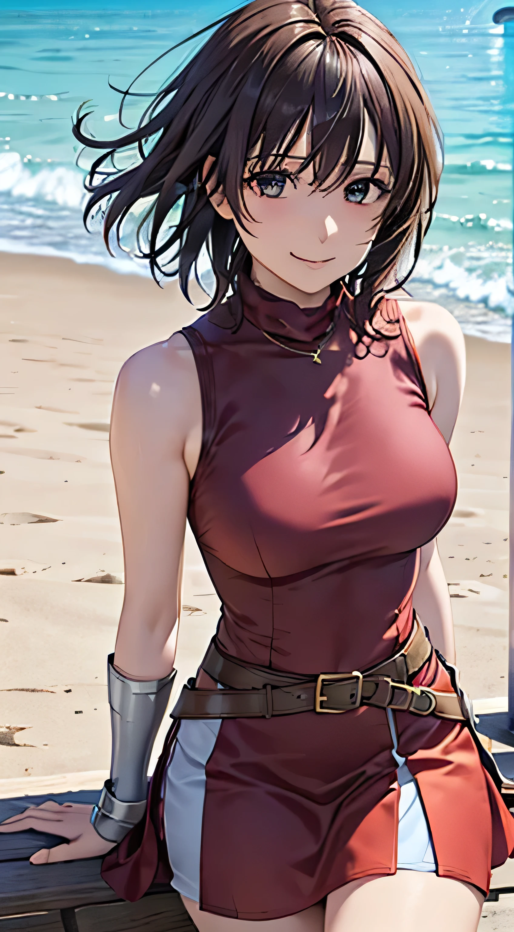 (( , top quality, , pixel perfect, 4K,))), 1 Woman , 、 (( short wave hair、 dark brown hair )), (( brown eyes , Beautiful eyelashes , realistic eyes)), (( detailed face , )), (( smooth texture:0.75, realistic texture:0.65, realistic :1.1, anime CG style)), small bust facing upward , dynamic angle , perfect body , (( , ,, Gold Shoulder Armor ,,, , Sleeveless Turtleneck Red Dress , red flared skirt , Knee High Boots ,Arm guard , belt)), Golden Hair Ornament 、 cross necklace 、 Sexy Poses 、 very cute smile, staring upwards 、、 style、 the wind is blowing 、 pink panties visible 、 buttocks are visible、、、、)、 Beach with a view of the castle 、 beautiful ocean、Lying on the beach