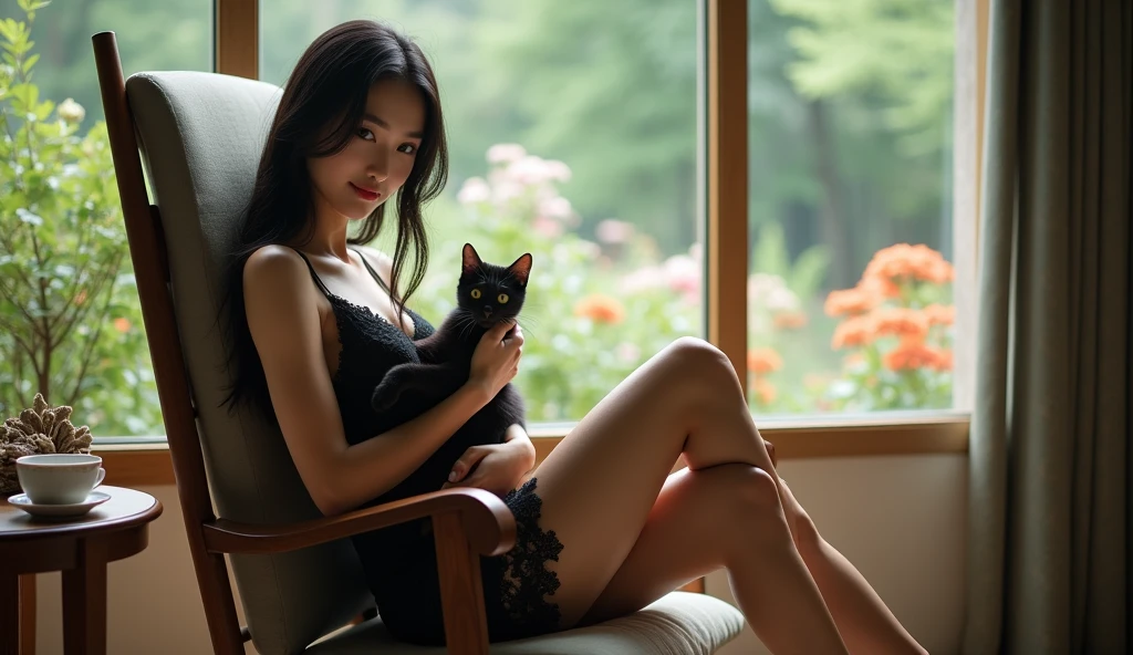 (masterpiece 8k, best quality:1.3), photograph, ultra high detailed, absurdres, 1woman, 20 years old, japanese, laying on sofa (laying back:1.4), long black hair, silk bra and skirt, light olive skin, perfect complexion, perfect facial features, absolute symmetry, fit body, long toned legs, large breasts, huge , arms behind head, legs apart, black stiletto heels, SFW,, dim lighting, seedy hotel room, atmospheric light, sub-surface scattering, quixel megascan, I can see her pussy and her ass ,réalistic 8k, i can see her nude. her pussy in first. more small A hyper-realistic image of a young very Black man, approximately 20 years old, with short hair and a well-defined, athletic body. He is dressed in traditional Qatari attire, including a crisp white thobe and a ghutra (headscarf) secured with an agal. The man is standing confidently while gently caressing a sleek, black panther that is sitting calmly next to him. The panther’s fur is glossy and well-detailed, reflecting the sunlight. The setting is minimalistic to emphasize the connection between the man and the panther, with warm natural lighting that enhances the realism of the scene. The image should be incredibly lifelike, capturing every intricate detail of the man’s attire, his physique, and the texture of the panther’s fur, conveying a sense of strength, elegance, and harmony.”
