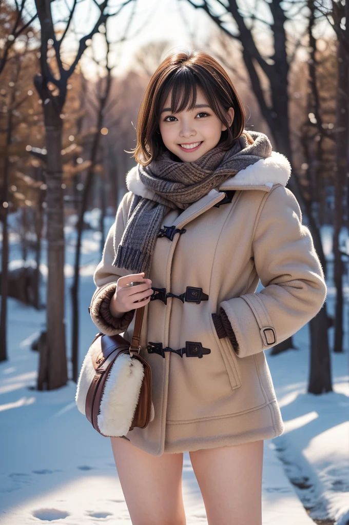 (8k, RAW photo, photorealistic, HQ, masterpiece), a cute Japanese girl,(glowing eyes), 
(laugh ), brown hair, fluffy Pixie Bob hair, large breasts, curvy, (scarf, Duffle coat, simply long skirt), 
standing pose, Seductive pose, (winter nature park), 
blurred background, depth of field, natural lighting, backlighting, face lightning, 