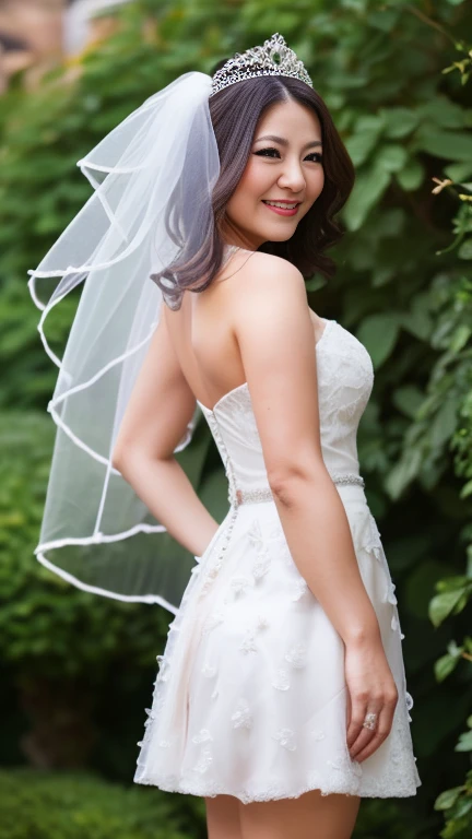 full body shot, from below,  japanese mature, 80 years old,  detailed face , smile, Facial wrinkles, Wrinkles around the eyes,  Detailed Skin Textures ,  white skin,  heavy makeup ,  long hair, curvy body, saggy breasts,  plump thighs, (earrings,  necklace, ballerina, wedding dress, tiara, wedding veil, mini skirt:1.2), ( is wearing high heels:1.2), (Standing in the garden,  photograph the whole body from toe to head,:1.2), (surrealism, best quality, ultra detailed, absolutely resolution, 8k, anatomically correct), depth of field, looking at viewer, full body,  detailed face , (very short mini skirt wedding dress, Flared skirt) 