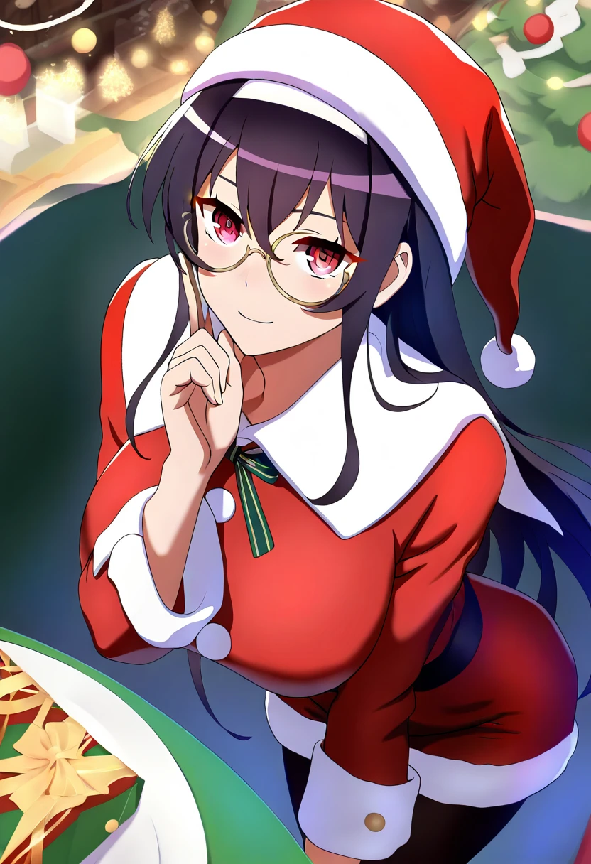 > 95th masterpiece > 85th, solomasterpiece, best quality, newest, absurdres, highres, safe, year 2024, 1 , kidressed in a Christmas dress, elegant smile, half bow, monocle, hat off, facing the audience directly