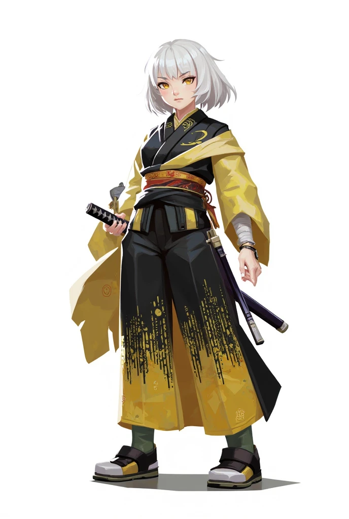 valorant style, stylized digital illustration, score_9, score_8_up, score_7_up, score_6_up, 1girl, bandage wrapped arms, black and yellow Kimono, sword on hip, blunt bangs, bob cut, white hair, yellow eyes, elegant, sophisticated,  perfect lighting, perfect colors, perfect perspective, balanced, valorant 