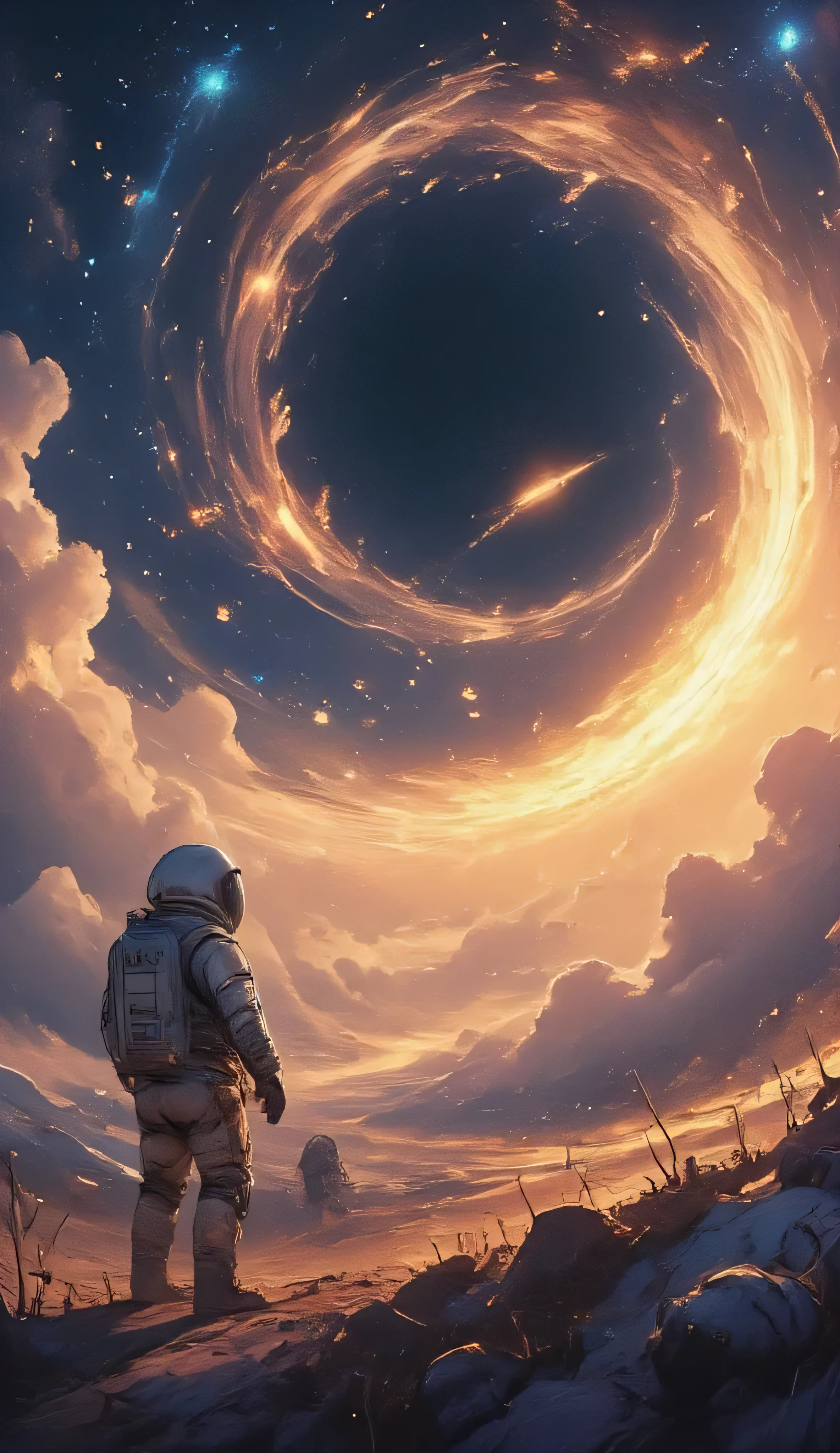 a shadow of an astronaut flying towards a black hole, detailed and realistic, 1 astronaut, cinematic landscape, dramatic lighting, realistic space environment, volumetric clouds, epic scale, highly detailed, photorealistic, 8k, best quality, ultra-detailed, intricate details, dramatic lighting, cinematic composition, hyperrealistic, stunning, awe-inspiring, majestic, epic, grand, vast, infinite, mysterious, foreboding, ominous, powerful, atmospheric, immersive, captivating