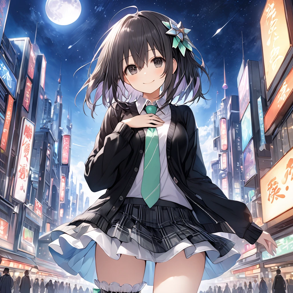 ( 1 girl),Green \(Neptunia )\, black hair, black eyes,smile, blush、short hair, (long sidelocks:1.5), (closed black cardigan :1.5)、(Regular necktie:1.5)、( black plaid mini skirt:1.5)、(Thighs:1.5),(bridal garter:1.５),hands on own chest、Futuristic city、white full moon、star　Night Sky、front、( perfect anatomy ),( best quality), ( ultra hi-res), (超 high definition ), ( Highly Detailed CG), (32K), (masterpiece)、eyesHD