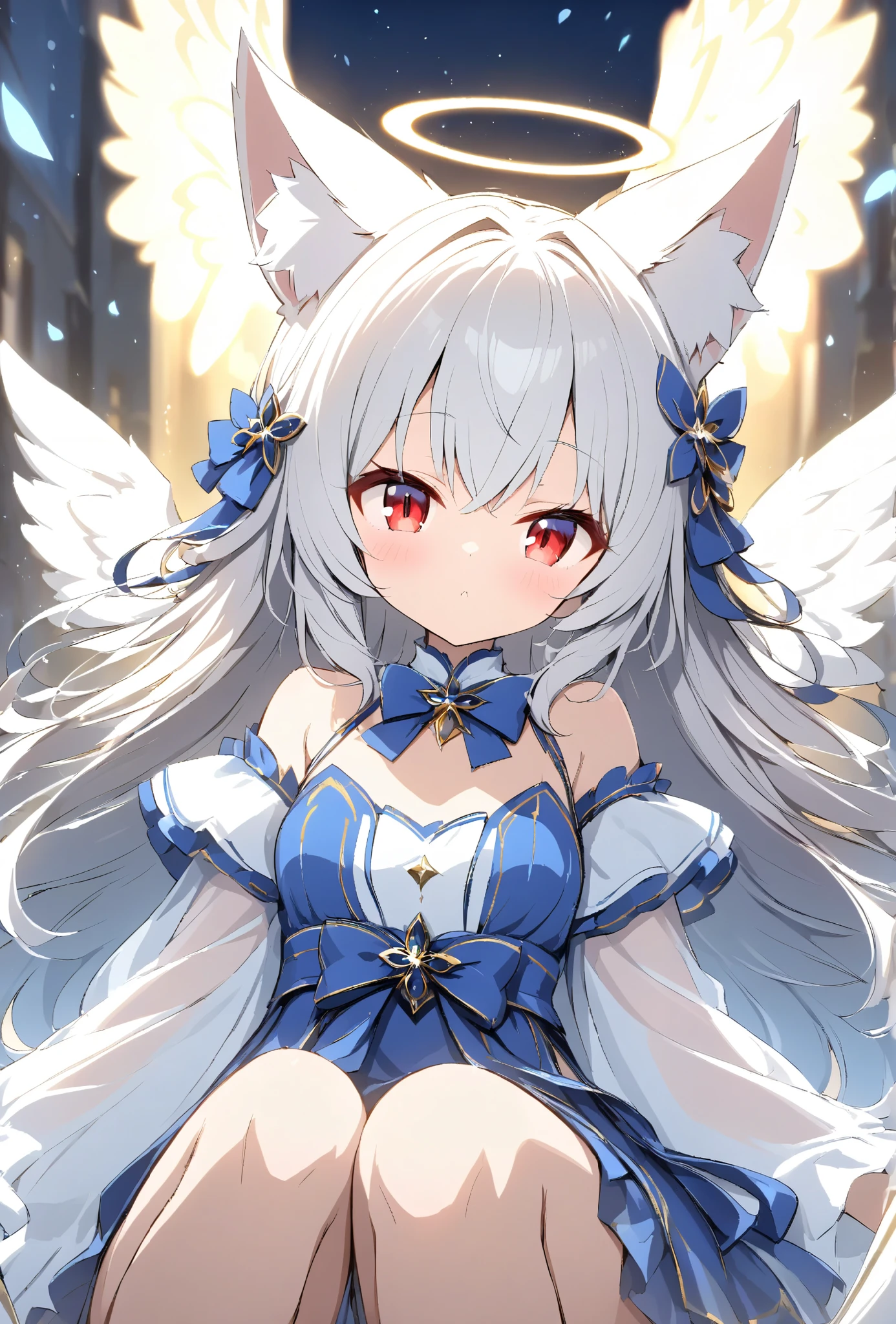Rakifox,lapis lazuli、blue、Works on the theme of Lapis Lazuli、White Hair、 red eyes、Very beautiful、Light effects、Angel Wings、Halo