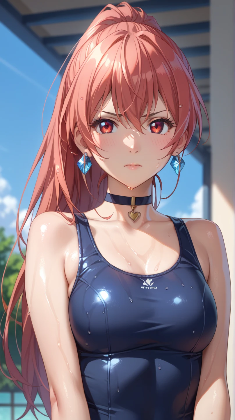 (Kusaribe Hakaze :1.5)、 1 woman 、 ponytail、Shiny Hair、 red eyes、Glamorous eyes、 textured skin、Old school swimsuit、Navy Blue、Wet、 high definition 、 highest image quality taken by Ki、 top quality、 detailed、 crystal earrings、 heart choker、Embarrassed、( Blur Background :1.2)、whole body、front