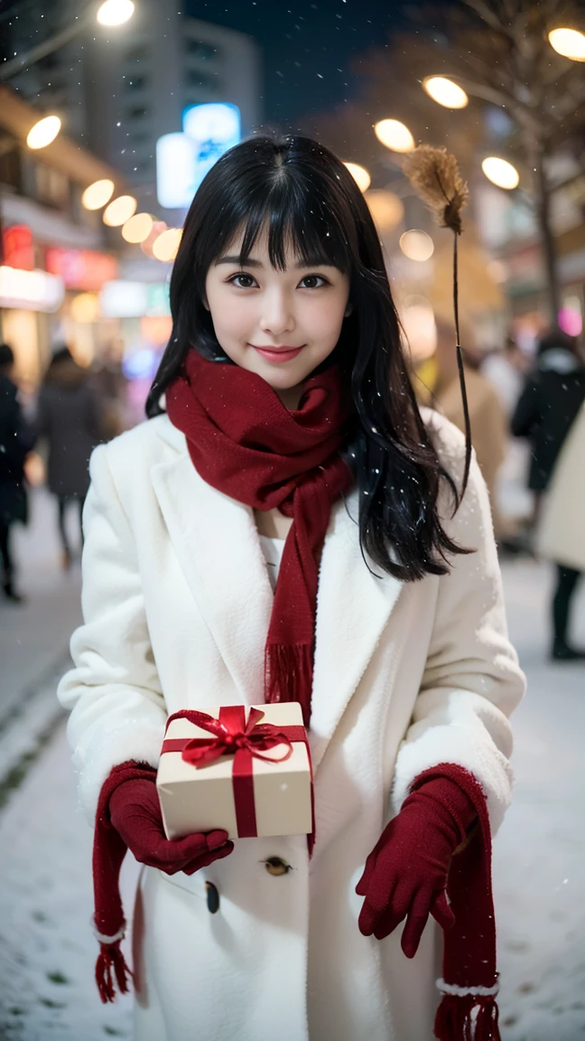 (Close-up face shot of one slender small breasts two side up black middle long hair with bangs girl in a winter white long coat and red scarf:1.5)、(One girl is holding a gift box with gloves in hand with small smile:1.5)、(Winter night street corner with heavy snowing and Christmas lights in Japan:1.5)、(blurred background:1.5)、(Natural light:1.5)、(8k ultra detailed master piece:1.5)、(perfect anatomy:1.5)、(Photorealistic stick:1.5)、(Raw photo:1.3)、(highest quality:1.5)、(High resolution:1.3)、(Delicate and beautiful perfect face:1.3)、(Delicate and beautiful eye air skin:1.3)、(Real Human Skin:1.3)、((thin legs))
