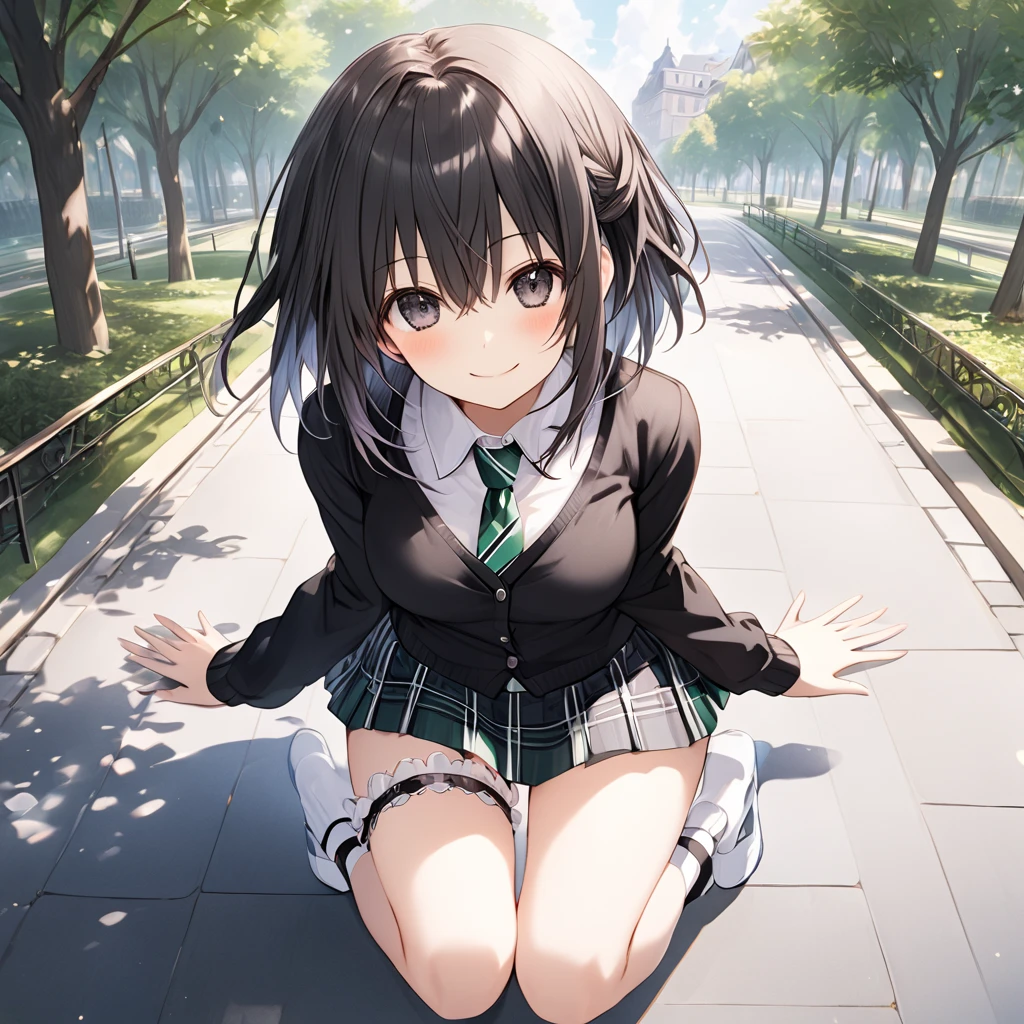 ( 1 girl),Green \(Neptunia )\, black hair, black eyes,smile, blush、short hair, (long sidelocks:1.5), (closed black cardigan :1.5)、(Regular necktie:1.5)、( black plaid mini skirt:1.5)、(Thighs:1.5),(bridal garter:1.５),Put your hands out in front of you、Park Walkway、front、( perfect anatomy ),( best quality), ( ultra hi-res), (超 high definition ), ( Highly Detailed CG), (32K), (masterpiece)、eyesHD