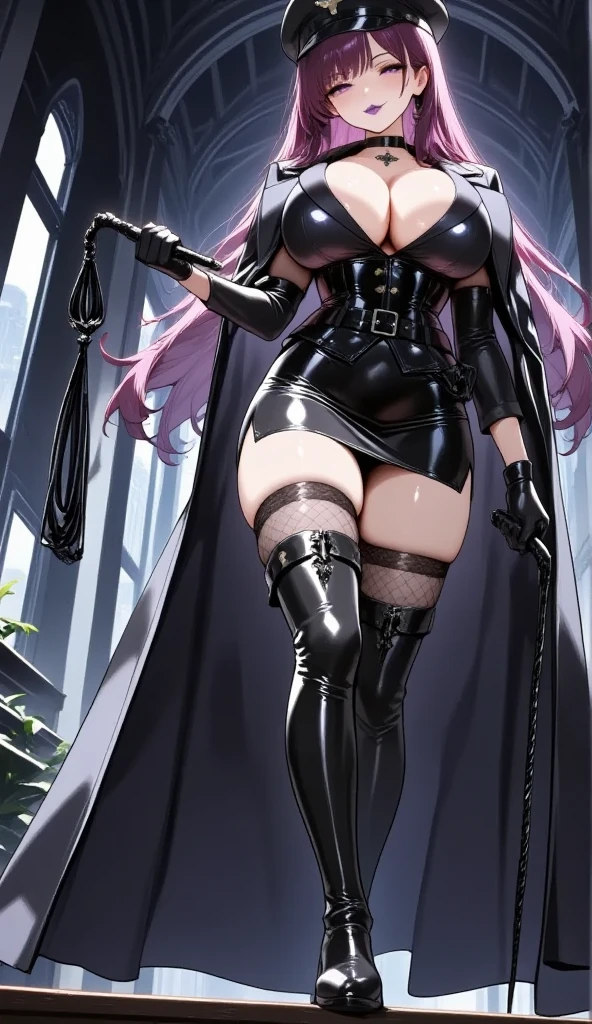  Young Beautiful Woman,(masterpiece, top quality, very detailed depiction, Incredibly Absurd High Definition ,Curvaceous Body,Beautiful legs,High quality skin),(Female executive of an evil organization:1.3),( Shiny Black Bondage Corset with Intricate Structures:1.3,Black Latex Tight Skirt :1.3, bodystocking ,military hat,Military cloak,Black leather belt, long gloves, leather choker, black tights, leather thigh-high boots),(Purple Eyes, my eyes are half closed:1.2, big breasts, bewitching smile,Shiny purple lips,Shadowed face,Seductive gestures, holding a whip in her hand :2.0, forward leaning position), full body image , side view:2.0,profile:2.0,background:Bedroom at night,Dim atmosphere