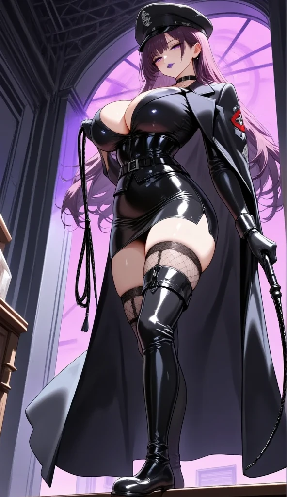  Young Beautiful Woman,(masterpiece, top quality, very detailed depiction, Incredibly Absurd High Definition ,Curvaceous Body,Beautiful legs,High quality skin),(Female executive of an evil organization:1.3),( Shiny Black Bondage Corset with Intricate Structures:1.3,Black Latex Tight Skirt :1.3, bodystocking ,military hat,Military cloak,Black leather belt, long gloves, leather choker, black tights, leather thigh-high boots),(Purple Eyes, my eyes are half closed:1.2, big breasts, bewitching smile,Shiny purple lips,Shadowed face,Seductive gestures, holding a whip in her hand :2.0, forward leaning position), full body image , side view:2.0,profile:2.0,background:Bedroom at night,Dim atmosphere