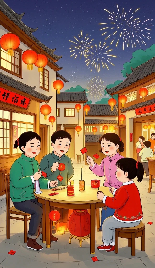 Perfect finger details， extremely fine face and skin ，Warm scene ，Perfect finger details，new year，Family of five，（grandmother，dad，Mother，，）Perfect finger details，Eat together ， sitting around the table ， Happy，A warm atmosphere，