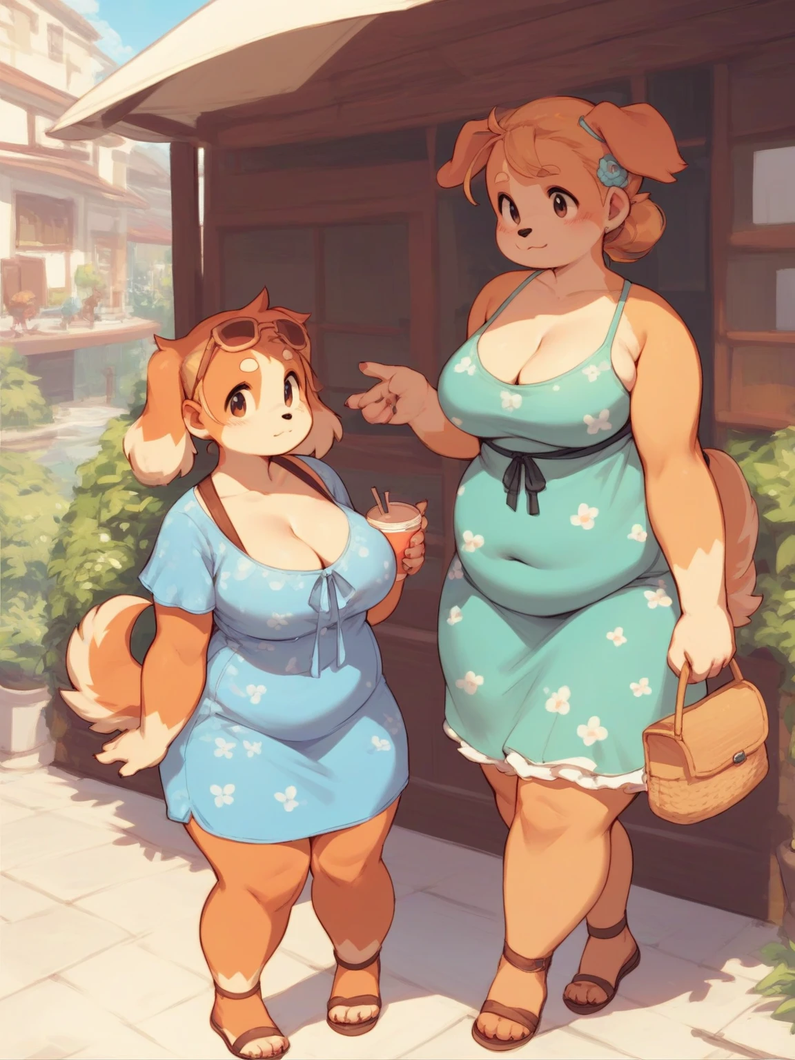 squad , T-shirt , flat chest , downblouse , Leaning forward , The greengrocer gazes fascinated at the cucumbers , looking away