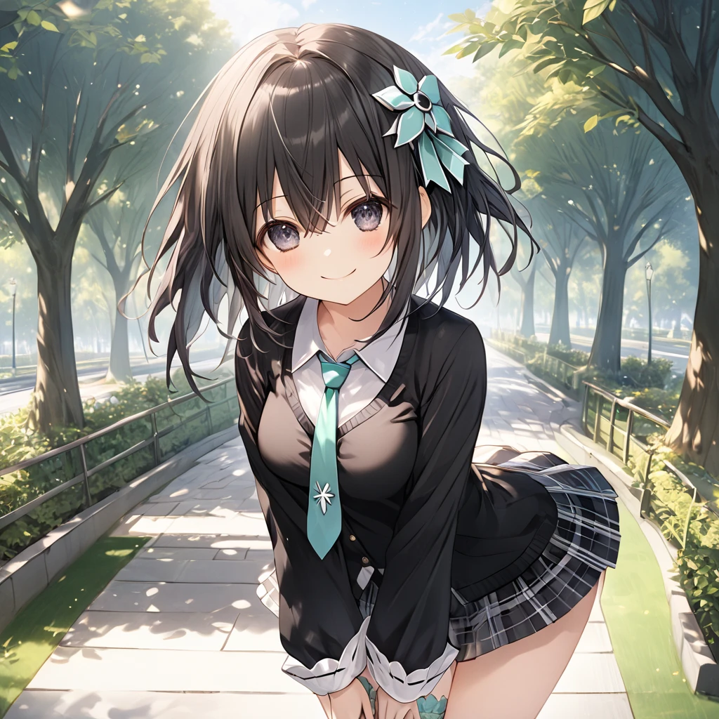 ( 1 girl),Green \(Neptunia )\, black hair, black eyes,smile, blush、short hair, (long sidelocks:1.5), (closed black cardigan :1.5)、(Regular necktie:1.5)、( black plaid mini skirt:1.5)、(Thighs:1.5),(bridal garter:1.５), is wearing an imperial costume that stretches his arms wide 、Park Walkway、front、( perfect anatomy ),( best quality), ( ultra hi-res), (超 high definition ), ( Highly Detailed CG), (32K), (masterpiece)、eyesHD