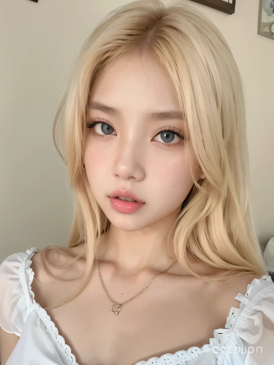 a close up of a woman with long blonde hair and a white blouse, maquiagem sul-Korean popular, Retrato de Jossi do Blackpink, 8k selfie photography, maquiagem Korean popular, young lovely korean face, Korean, pale milky white porcelain skin, linda jovem Korean, beautiful aesthetic face, linda mulher sul-Korean, linda jovem Korean