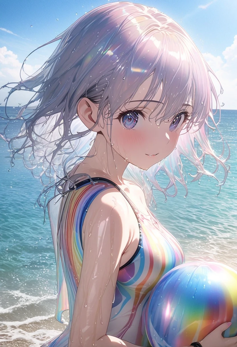 (masterpiece, detailed:1.2), , anime, one girl, at the seaside, wearing a fantasy swimsuit with futuristic motive, wearing on open jacket, playing with a big colorful waterball with rainbow stripes, , soaking wet, wet clothes, wet hair, shiny skin, satisfied, sophisticated design, advanced lighting technology, live-action photo 8K quality