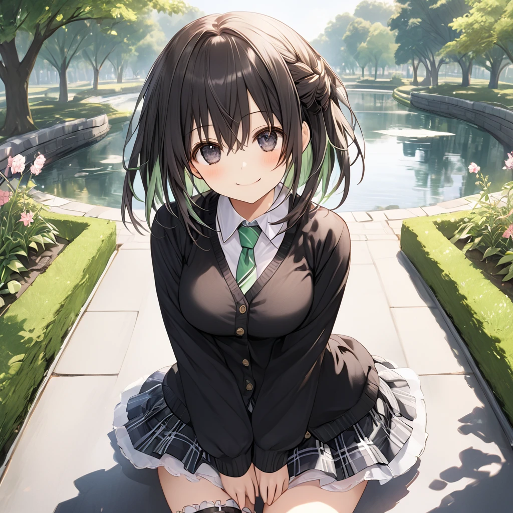 ( 1 girl),Green \(Neptunia )\, black hair, black eyes,smile, blush、short hair, (long sidelocks:1.5), (closed black cardigan :1.5)、(Regular necktie:1.5)、( black plaid mini skirt:1.5)、(Thighs:1.5),(bridal garter:1.５), is wearing an imperial costume that stretches his arms wide 、Park Walkway、In front of the pond、front、( perfect anatomy ),( best quality), ( ultra hi-res), (超 high definition ), ( Highly Detailed CG), (32K), (masterpiece)、eyesHD