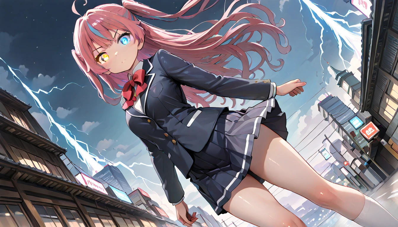 ((top quality)),((masterpiece)),((perfect face)),(ultra-detailed),ultra high res, 8k, 1girl, solo, streaked hair, glowing eyes, heterochromia, posing, standing, lightning storm, dynamic angle, school uniform, night city, chuunibyou, anime style, exquisite, (very aesthetic:1.2), (absurdres:1.2), (detailed background),newest, perfect anatomy,