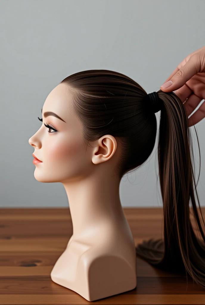 A beautiful young european woman's decapitated head on a table, from back side. Zoom to the head. She has no neck and no shoulders. She tilt her head back. No blod. She has beautiful straight, thick, smooth, silky, brunette, long hair, in a thick ponytail. A hand grabs her ponytail and pulls back her head. Light background.