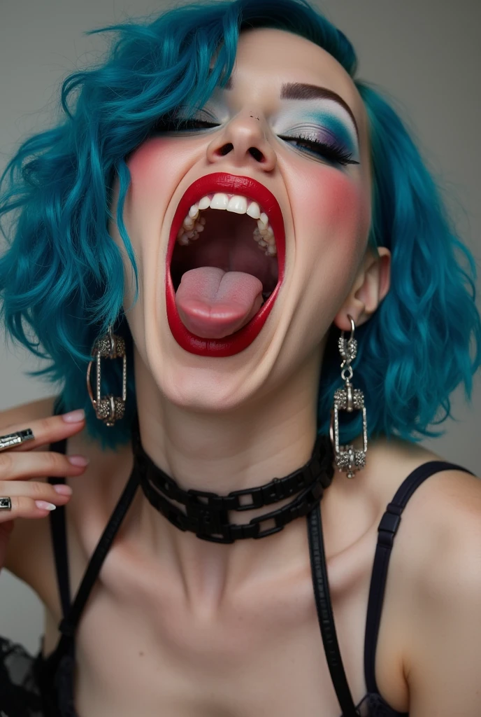 tronggg style, woman, open mouth, blue hair, earrings, teeth, choker, tongue, tongue out, mole, black choker, makeup, portrait, realistic, long tongue