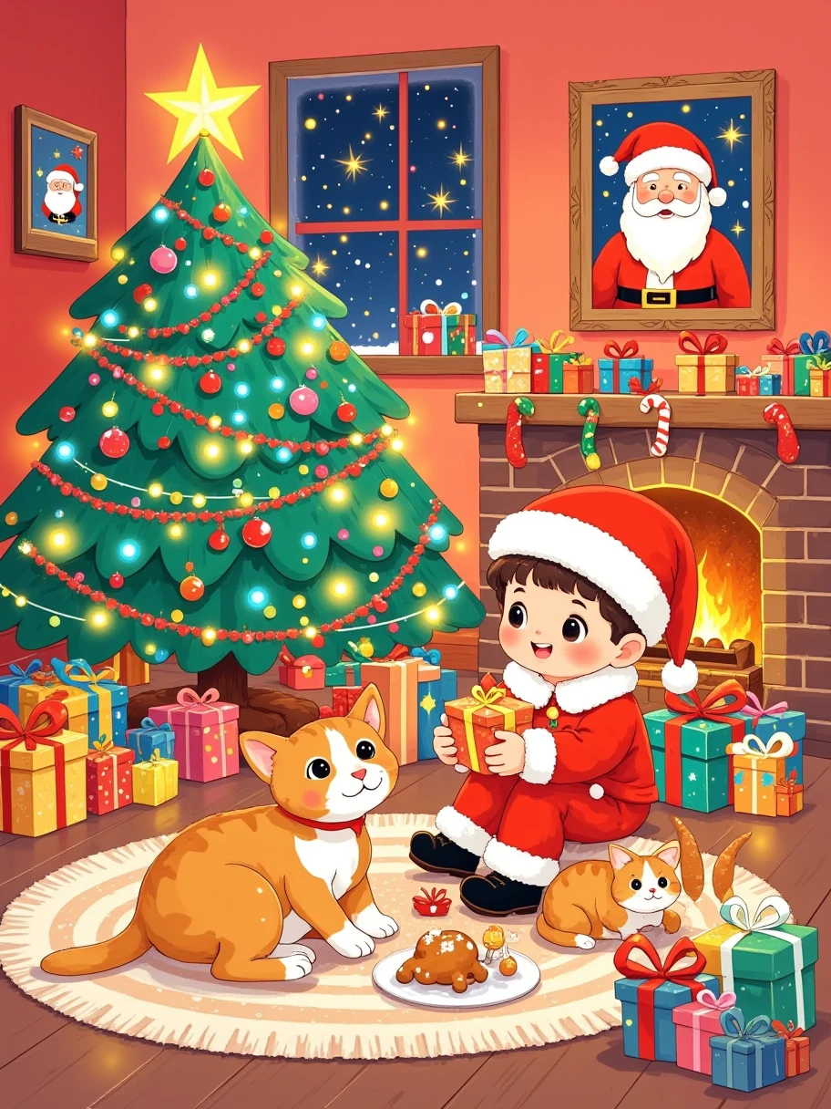 In the illustration, a cute Santa Claus sits in front of the Christmas tree, holding a gift box with a red gradient background as the main color and green and white as background auxiliary colors. This painting features bright color tones, knife work, cartoon retro poster design, detailed character expressions, and detailed costumes