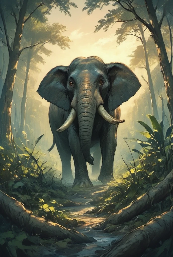 (best quality,4k,8k,highres,masterpiece:1.2),ultra-detailed,(realistic,photorealistic,photo-realistic:1.37),detailed elephant in lush jungle, elephant holding cigar in trunk, tropical foliage, sunlight filtering through trees, wildlife, intricate textures, cinematic lighting, vibrant colors, moody atmosphere